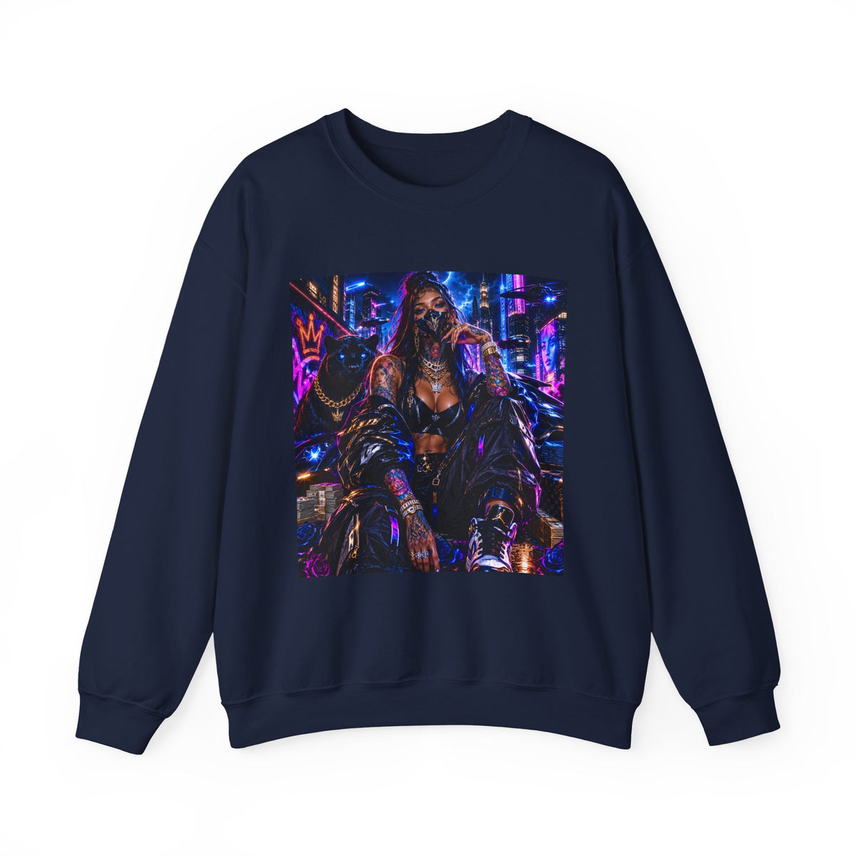 Cyberpunk Queen Crewneck Sweatshirt — Neon Futuristic Streetwear