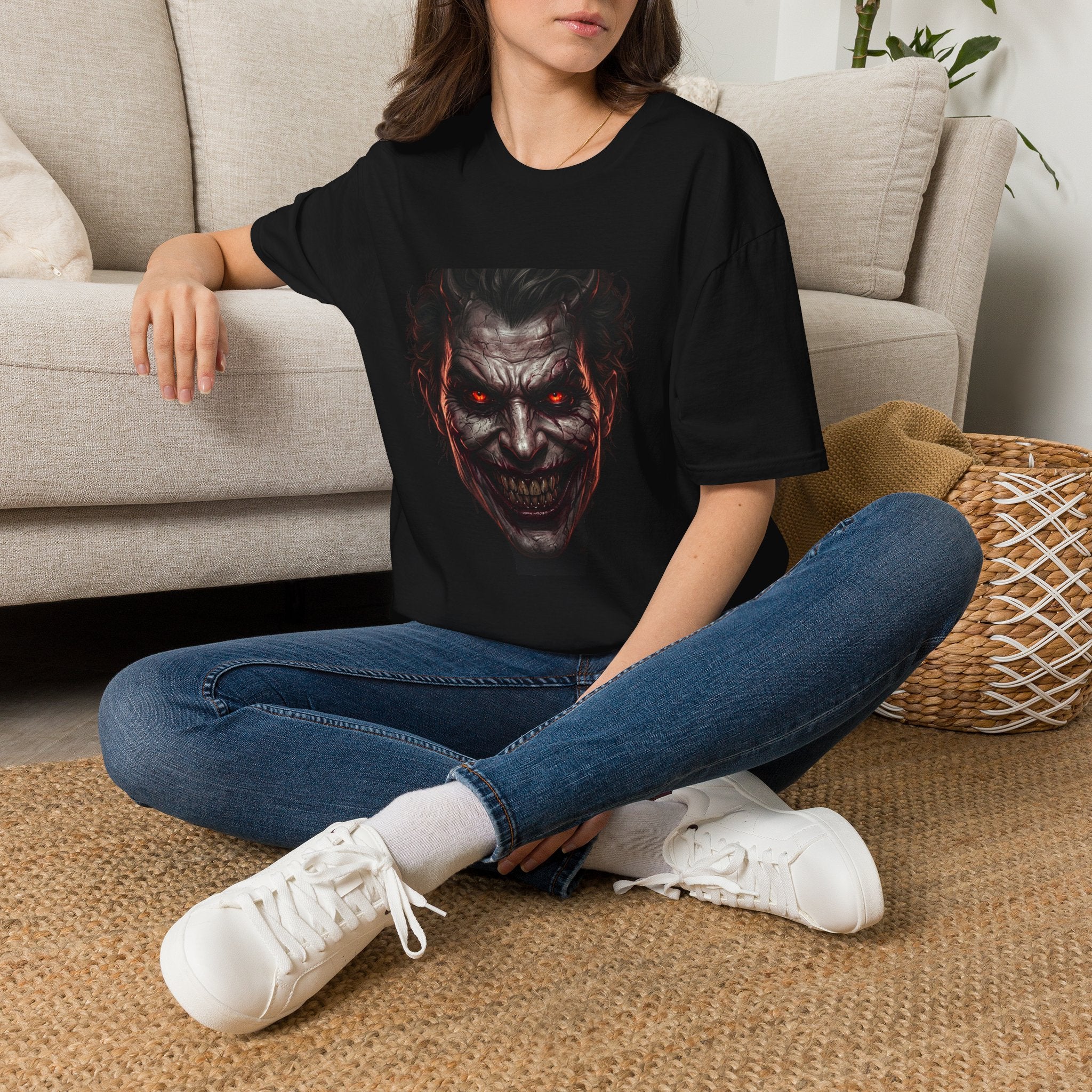 Horror Joker Face T-Shirt — Red-Eyed Villain Graphic Tee