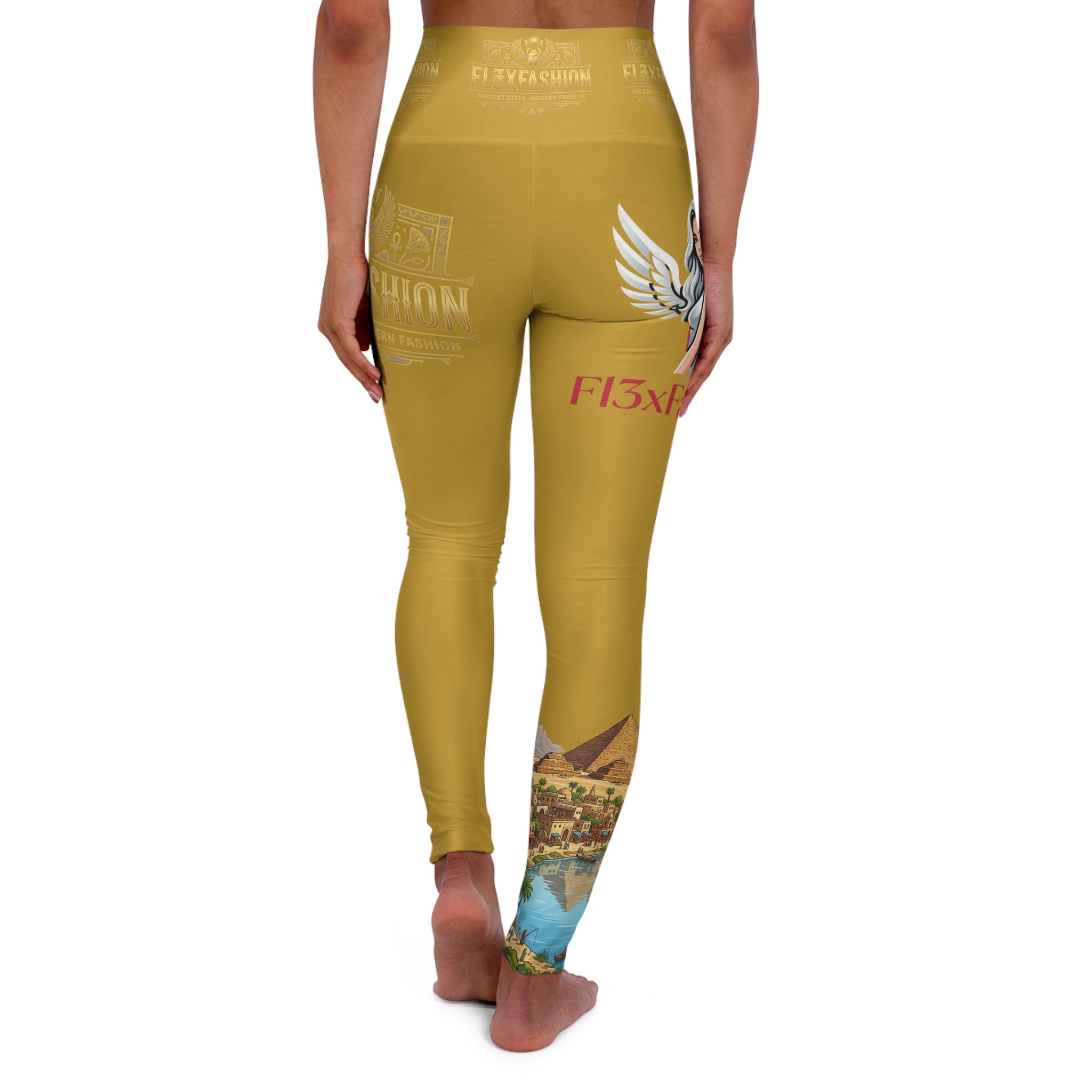 Golden Vintage Travel Graphic Yoga Leggings — High Waisted AOP with Wing & Pyramid Motifs