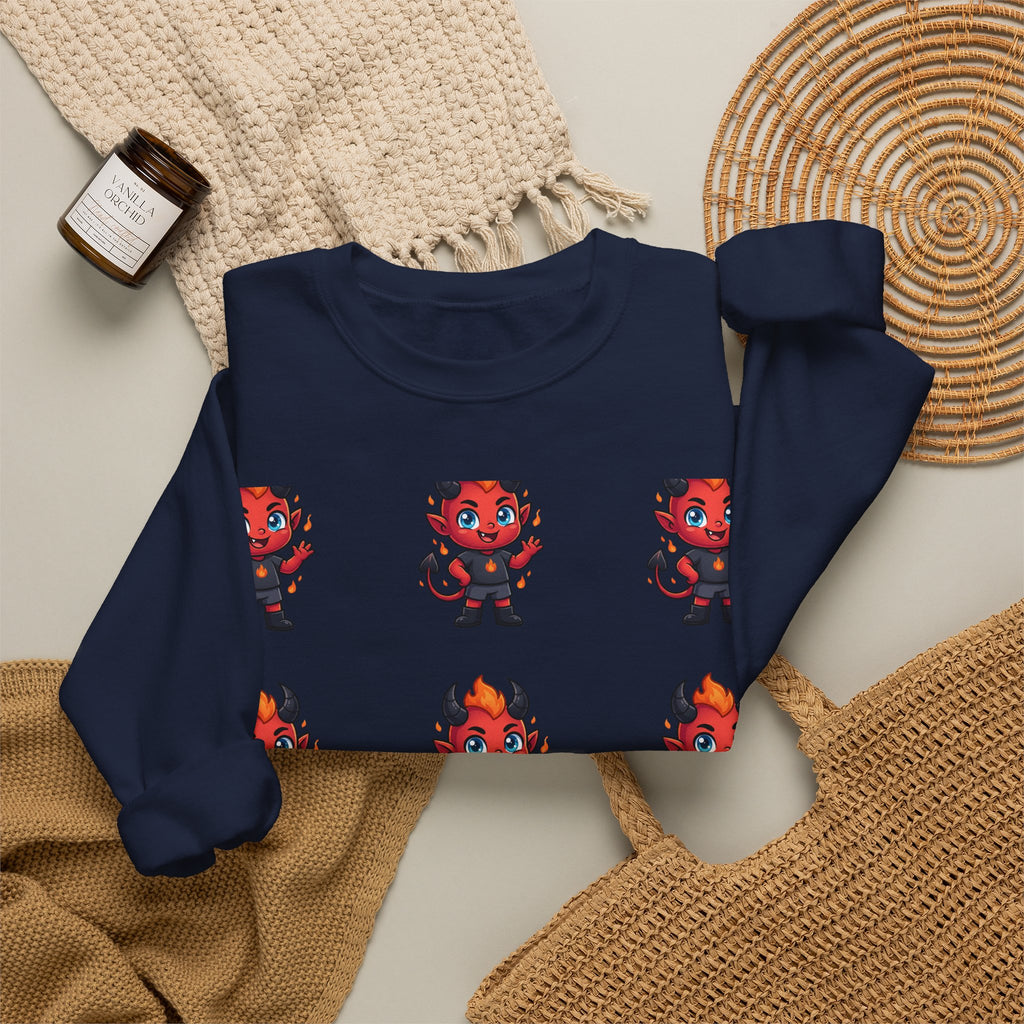 Cute Devil Character Grid Sweatshirt — Cartoon Demon Pattern Crewneck