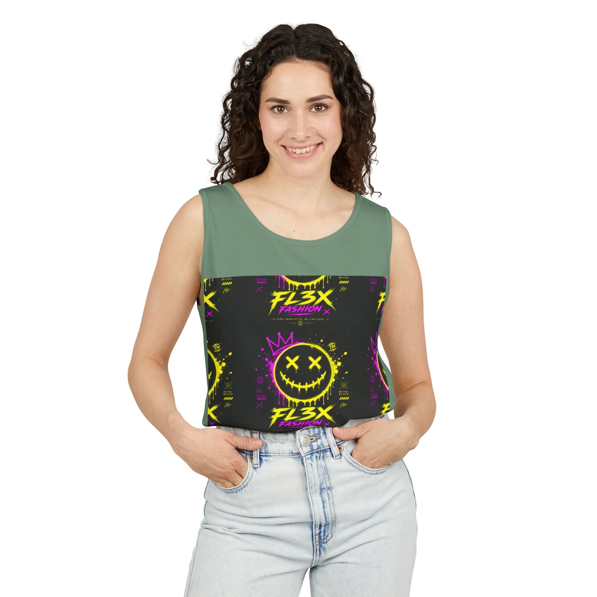 FL3X Fashion Graphic Tank Top — Neon Smiley & Devil Logo Streetwear
