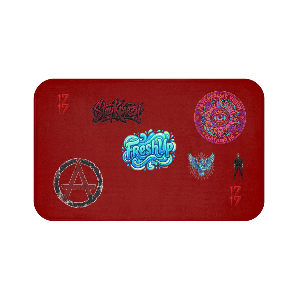 Red Graphic Sticker-Style Bath Mat — Anarchy, FreshUp & Psychedelic Emblems