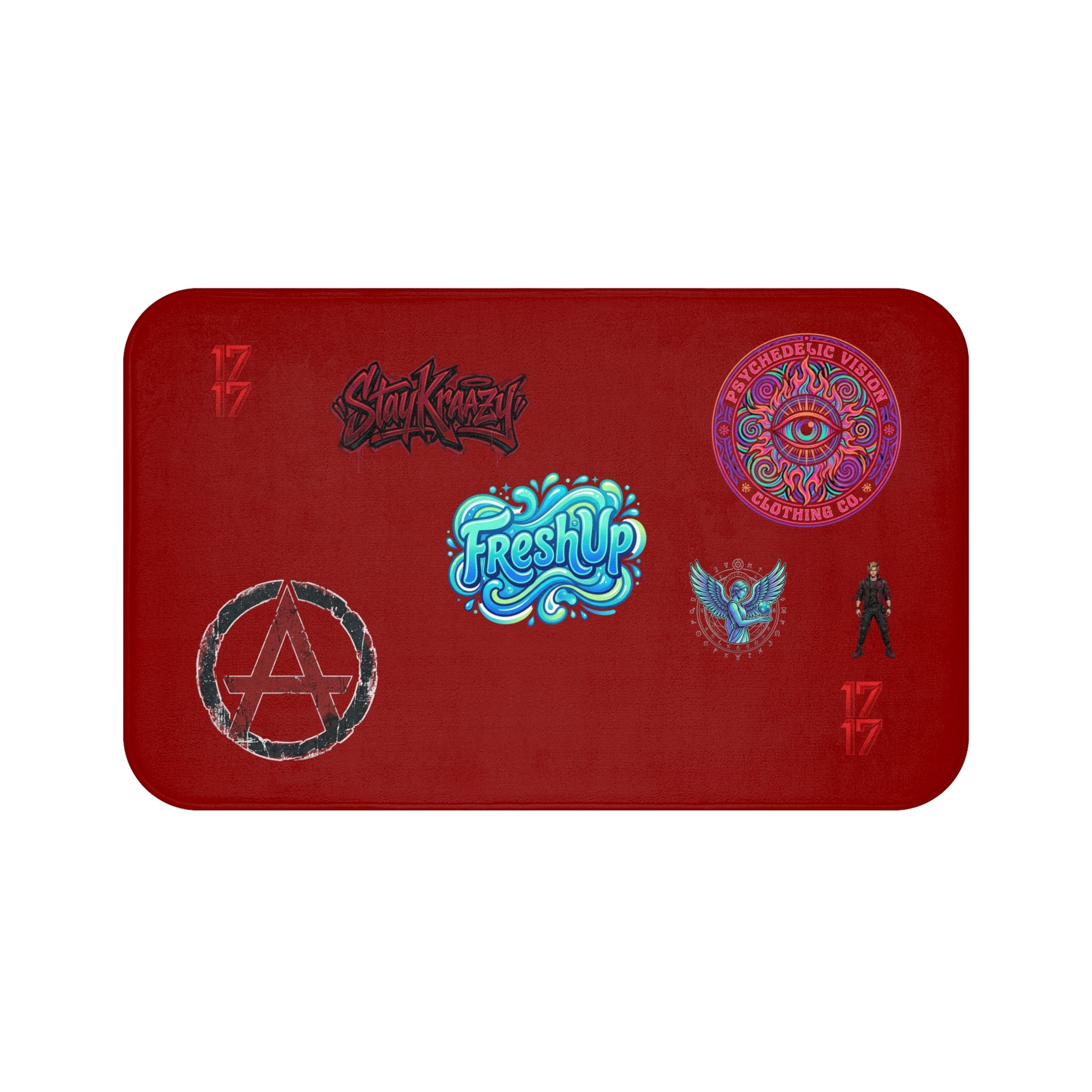 Red Graphic Sticker-Style Bath Mat — Anarchy, FreshUp & Psychedelic Emblems