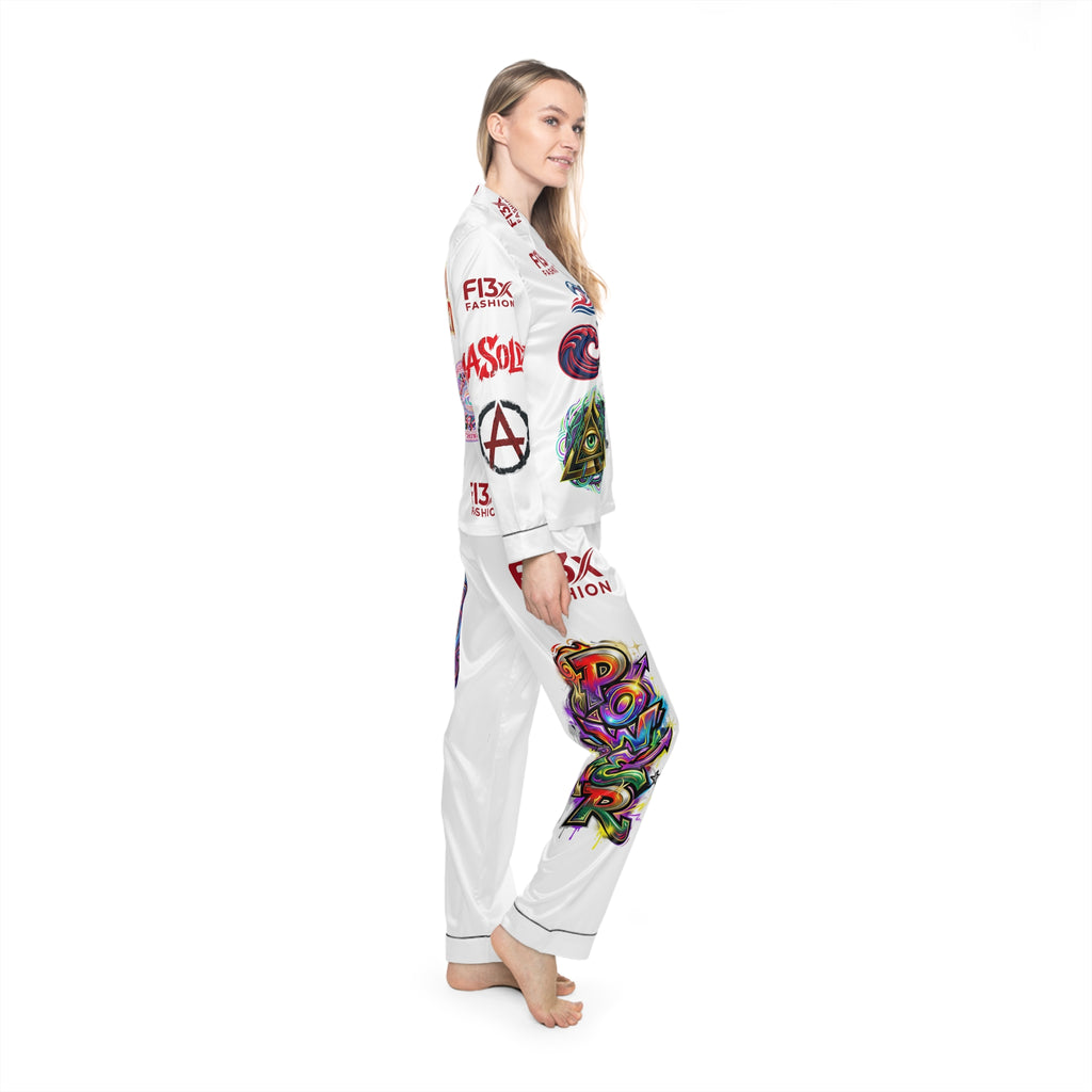 Graphic Satin Pajama Set — White All‑Over Print Loungewear