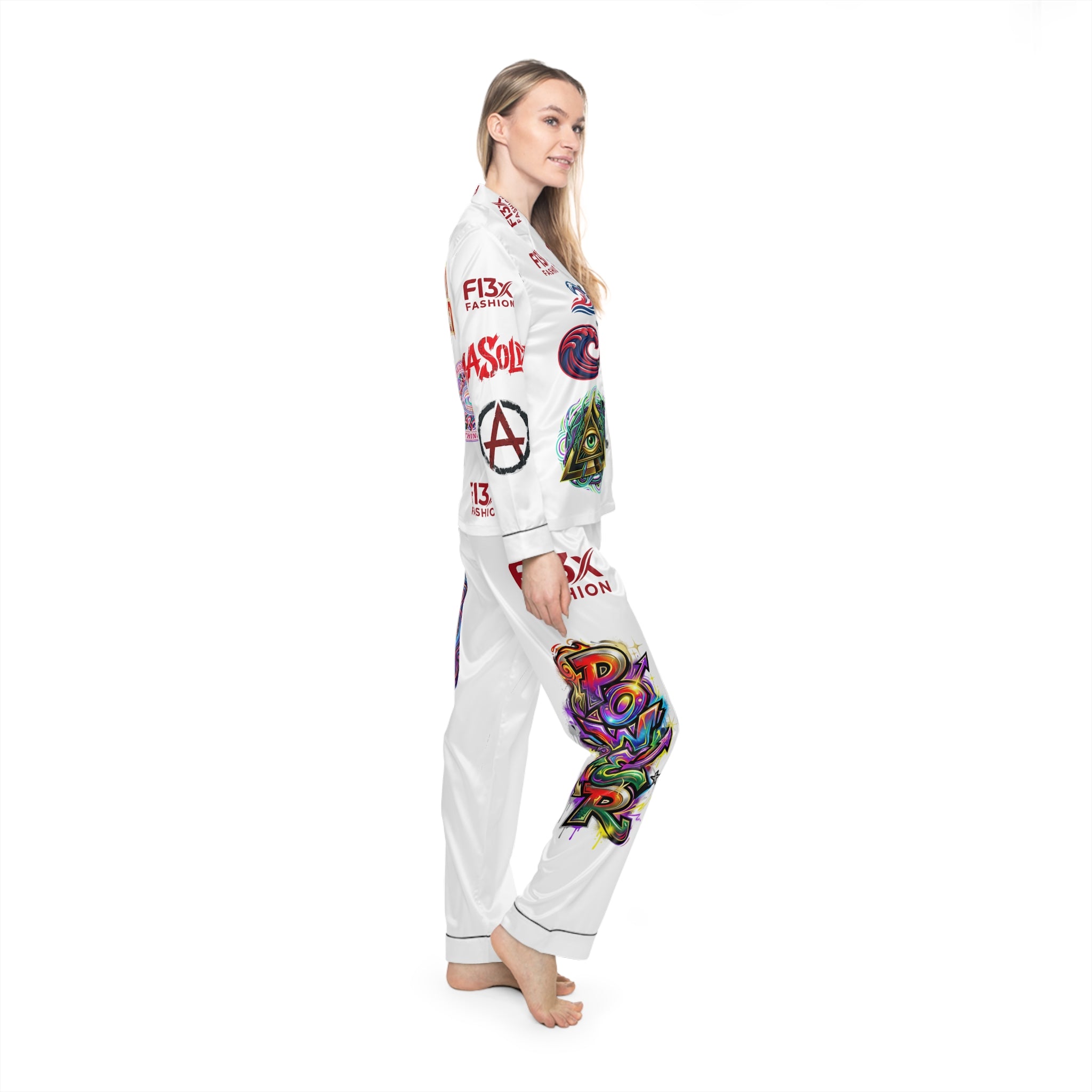 Graphic Satin Pajama Set — White All‑Over Print Loungewear
