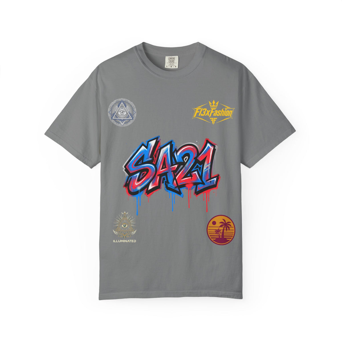 SA21 Graffiti T-Shirt — Urban Streetwear Tee with Drip Art & Tropical Patch