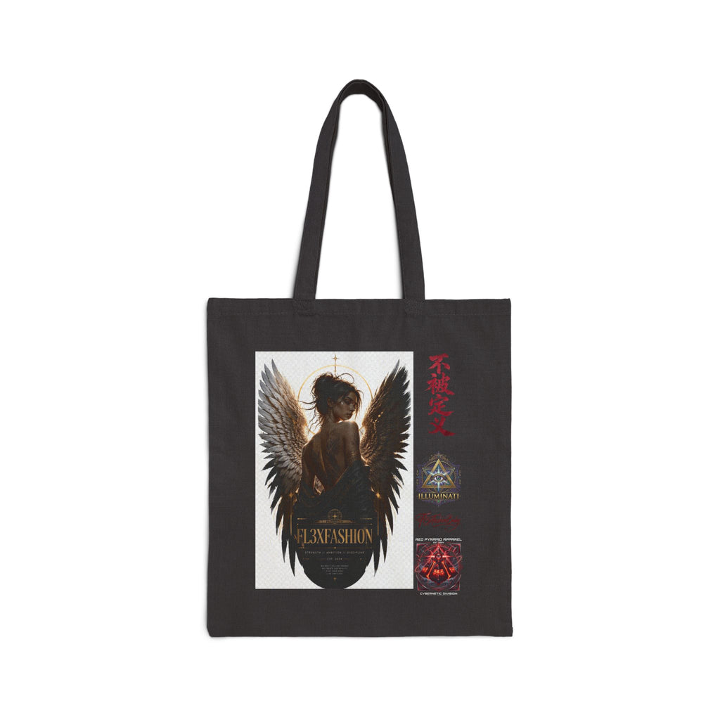 Angel Wings Graphic Tote Bag — Dark Fantasy Cotton Canvas Tote with Gothic Kanji Accents