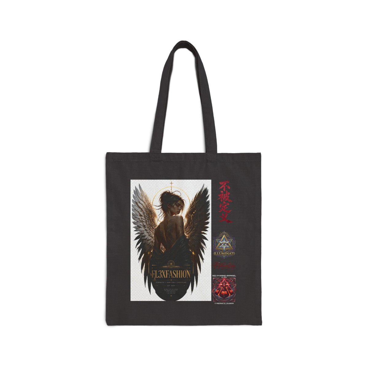 Angel Wings Graphic Tote Bag — Dark Fantasy Cotton Canvas Tote with Gothic Kanji Accents