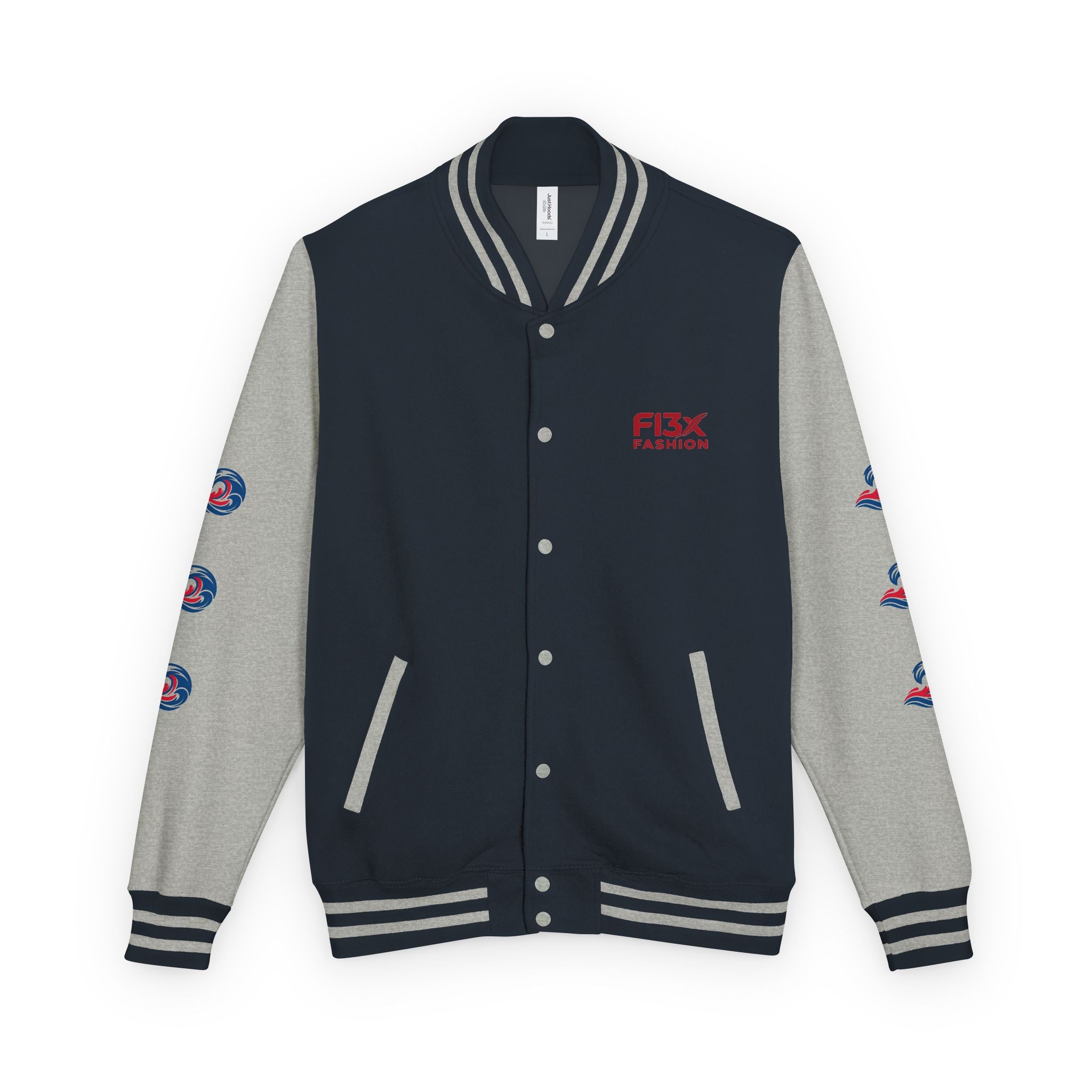 Letterman Jacket — Red Wave Graphic Varsity Jacket with 'F13X Fashion' Logo