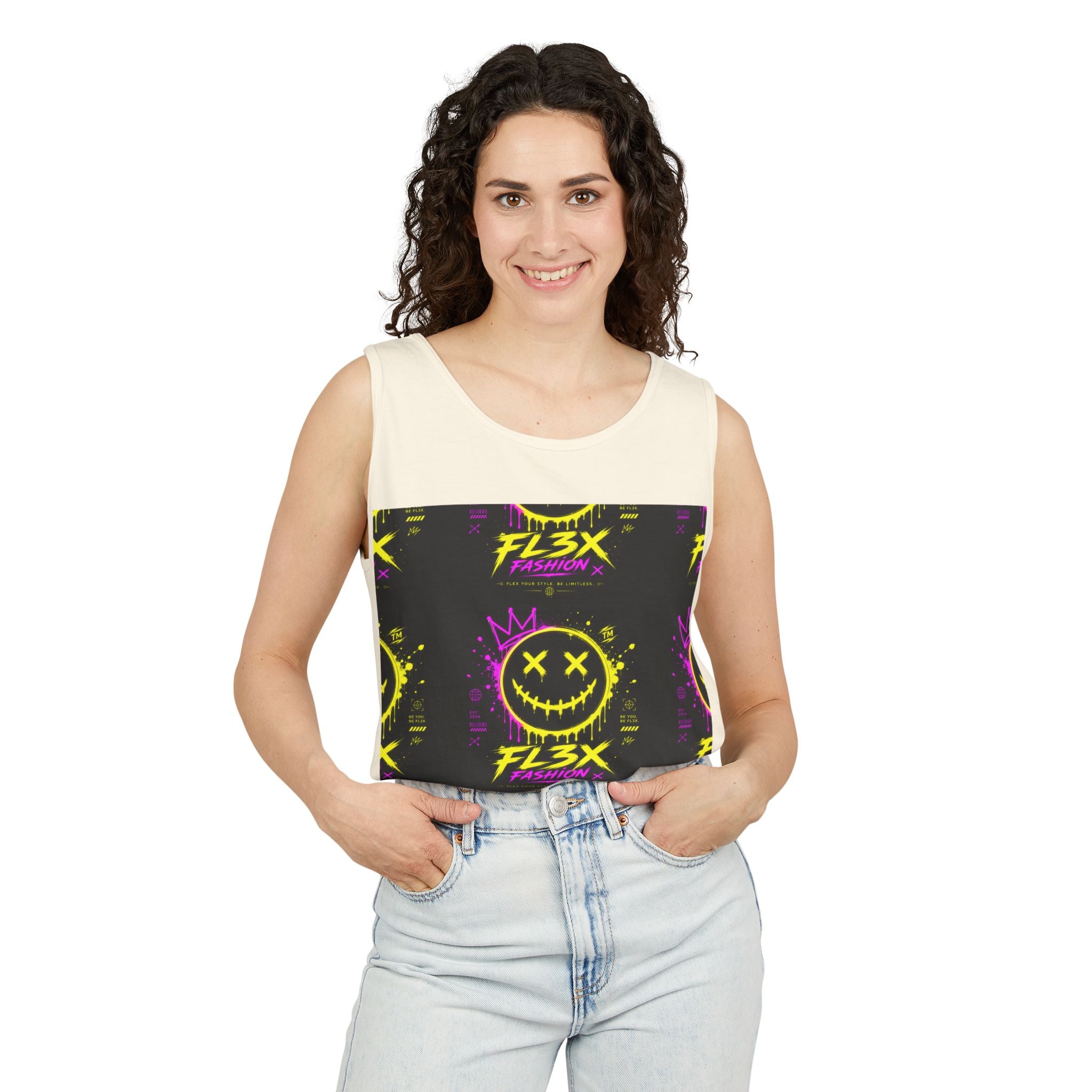 FL3X Fashion Graphic Tank Top — Neon Smiley & Devil Logo Streetwear