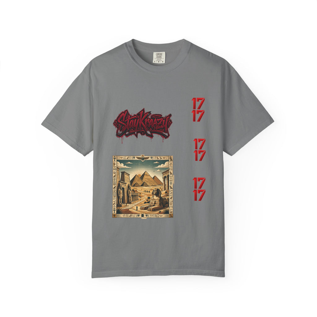 Graphic T-Shirt — Vintage Pyramid Collage with 'Wanted' Drip Design