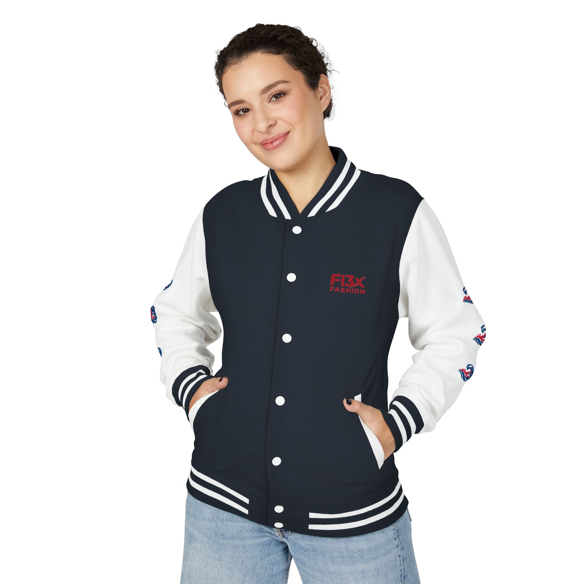 Letterman Jacket — Red Wave Graphic Varsity Jacket with 'F13X Fashion' Logo
