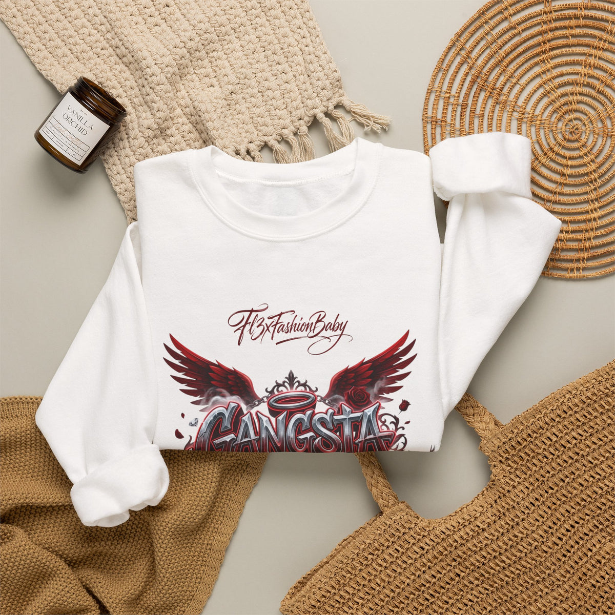 Crewneck Sweatshirt — 'Gangsta 4LsaVii' Gothic Wings Graphic
