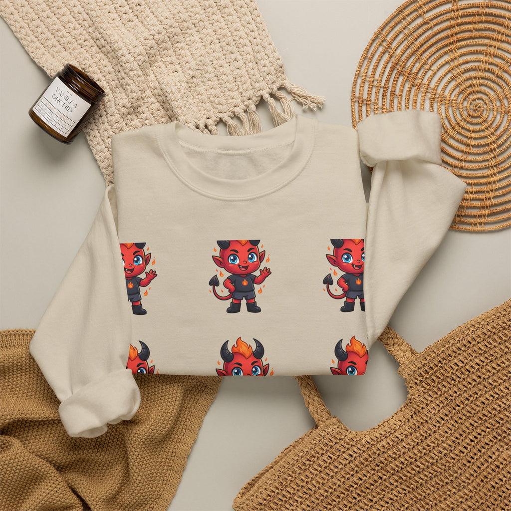 Cute Devil Character Grid Sweatshirt — Cartoon Demon Pattern Crewneck