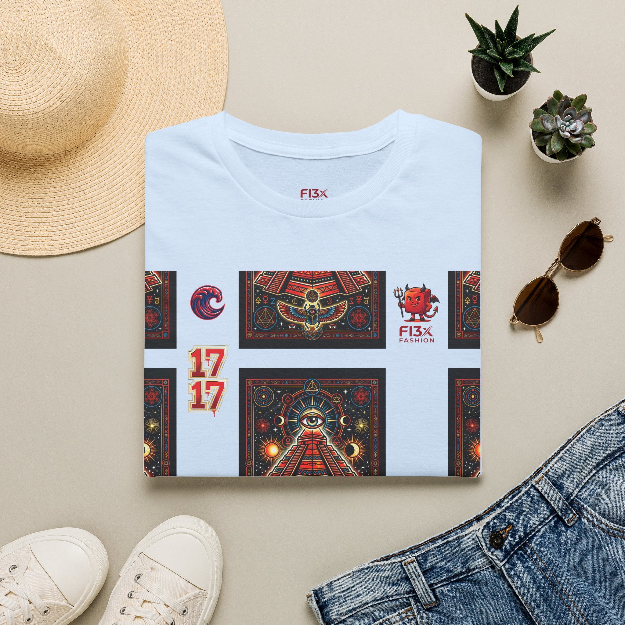 T-Shirt — Retro Cosmic Tarot Graphic with '17' Mystic Symbols