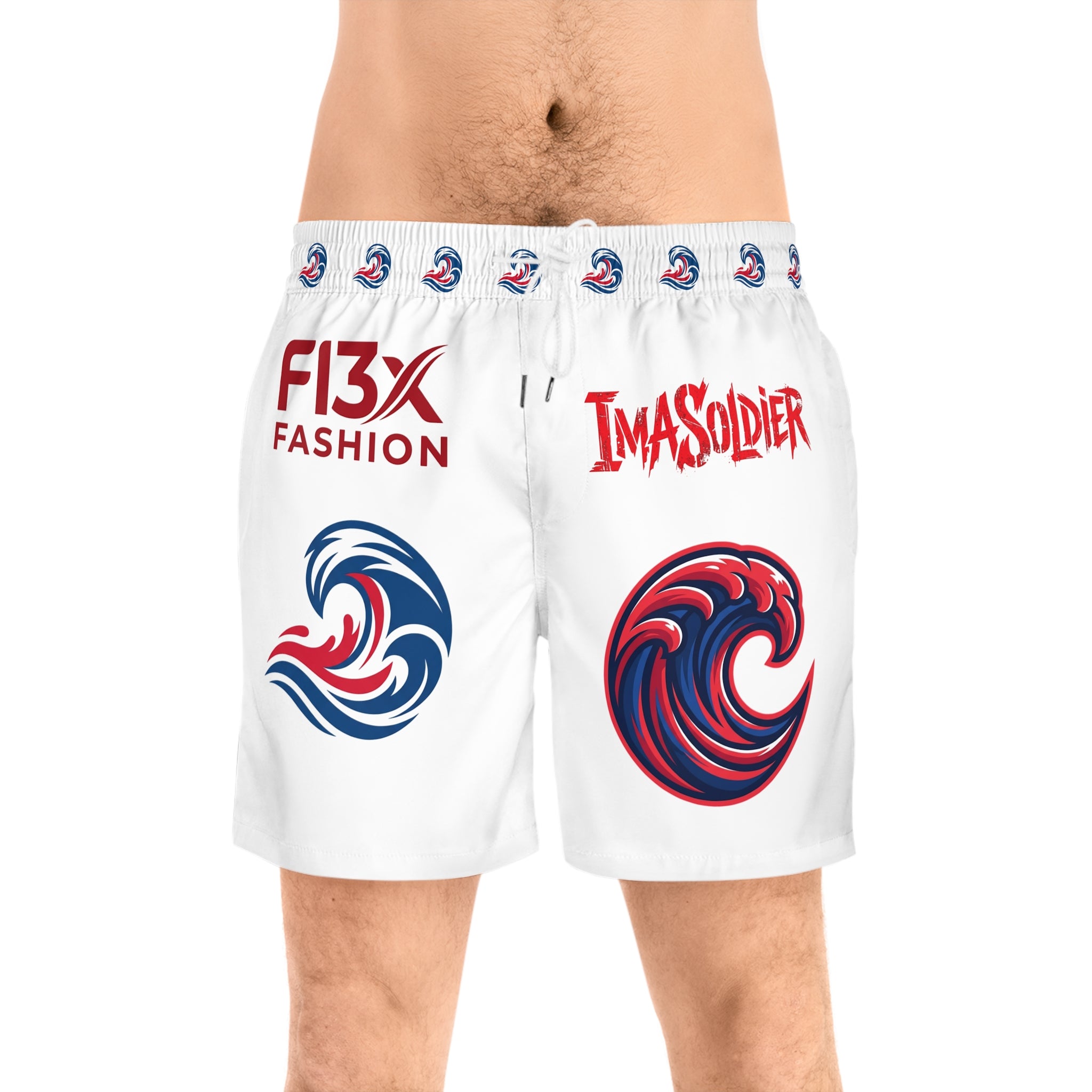 Men's Swim Shorts — Red & Blue Wave Logo Boardshorts with 'F13X Fashion' & 'ImaSoldier'