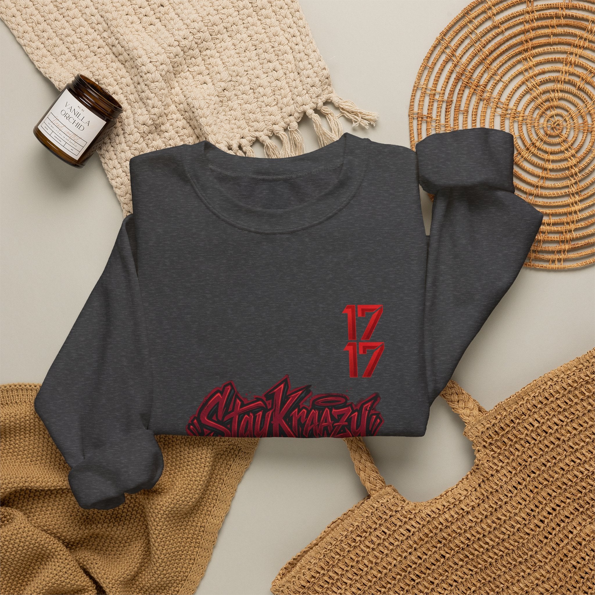 Streetwear Crewneck Sweatshirt — Graffiti 'Stay Krazy' Design with 17/17 Sleeve Accents