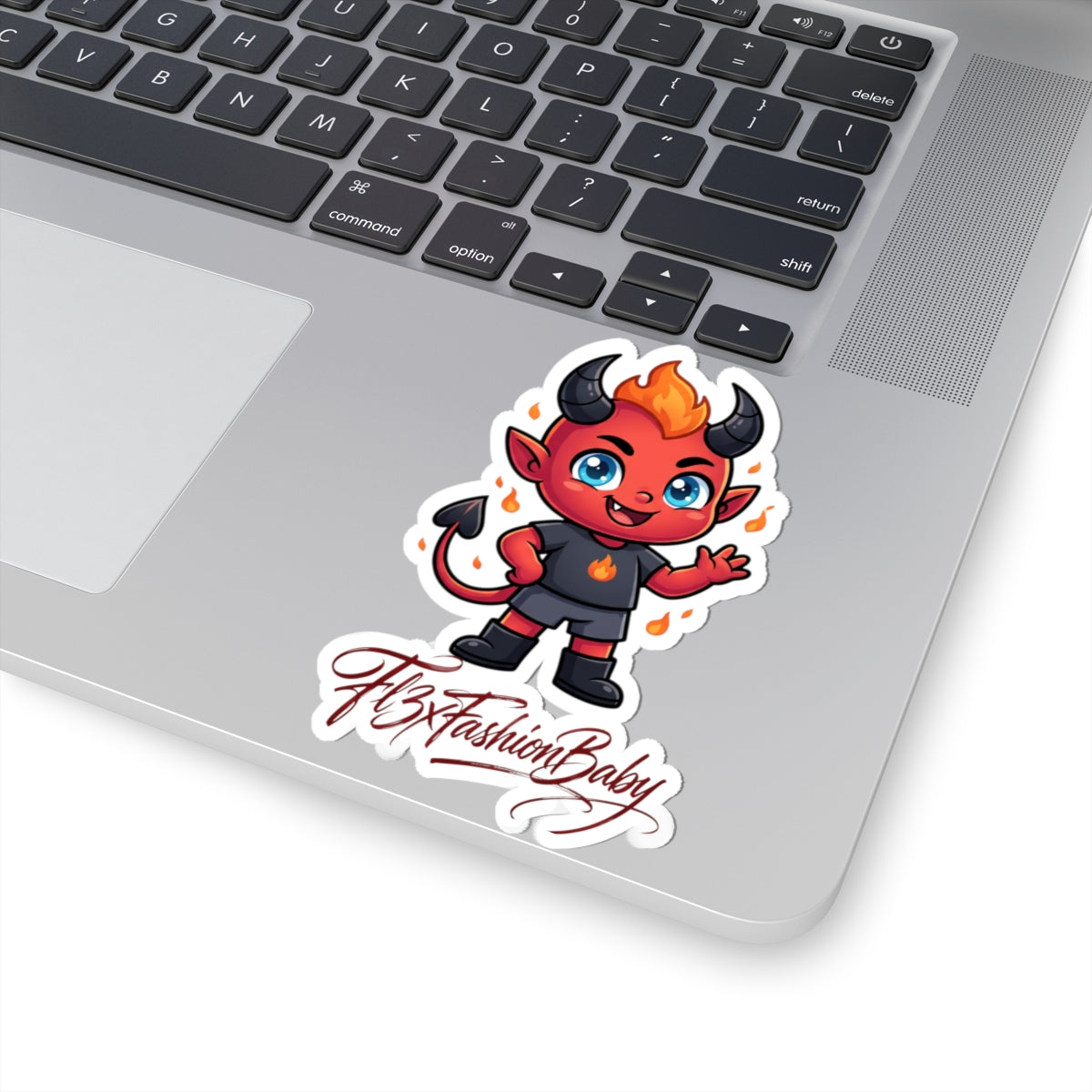 Cute Devil Character Kiss-Cut Sticker — "FlxFashionBaby" Logo