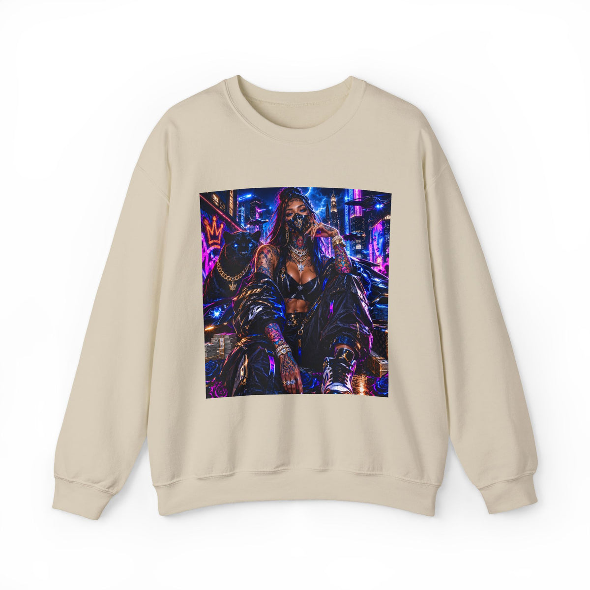 Cyberpunk Queen Crewneck Sweatshirt — Neon Futuristic Streetwear