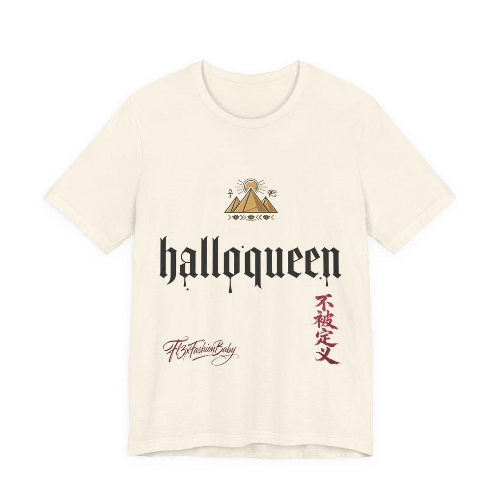 Halloqueen Graphic Tee — Gothic Script Halloween T‑Shirt with Pyramid & Asian Calligraphy