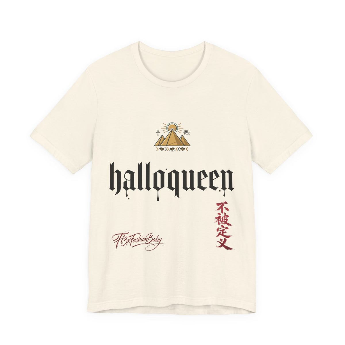 Halloqueen Graphic Tee — Gothic Script Halloween T‑Shirt with Pyramid & Asian Calligraphy