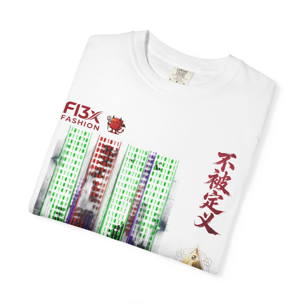 Graphic T-Shirt — Futuristic Cityscape Design with Japanese Calligraphy