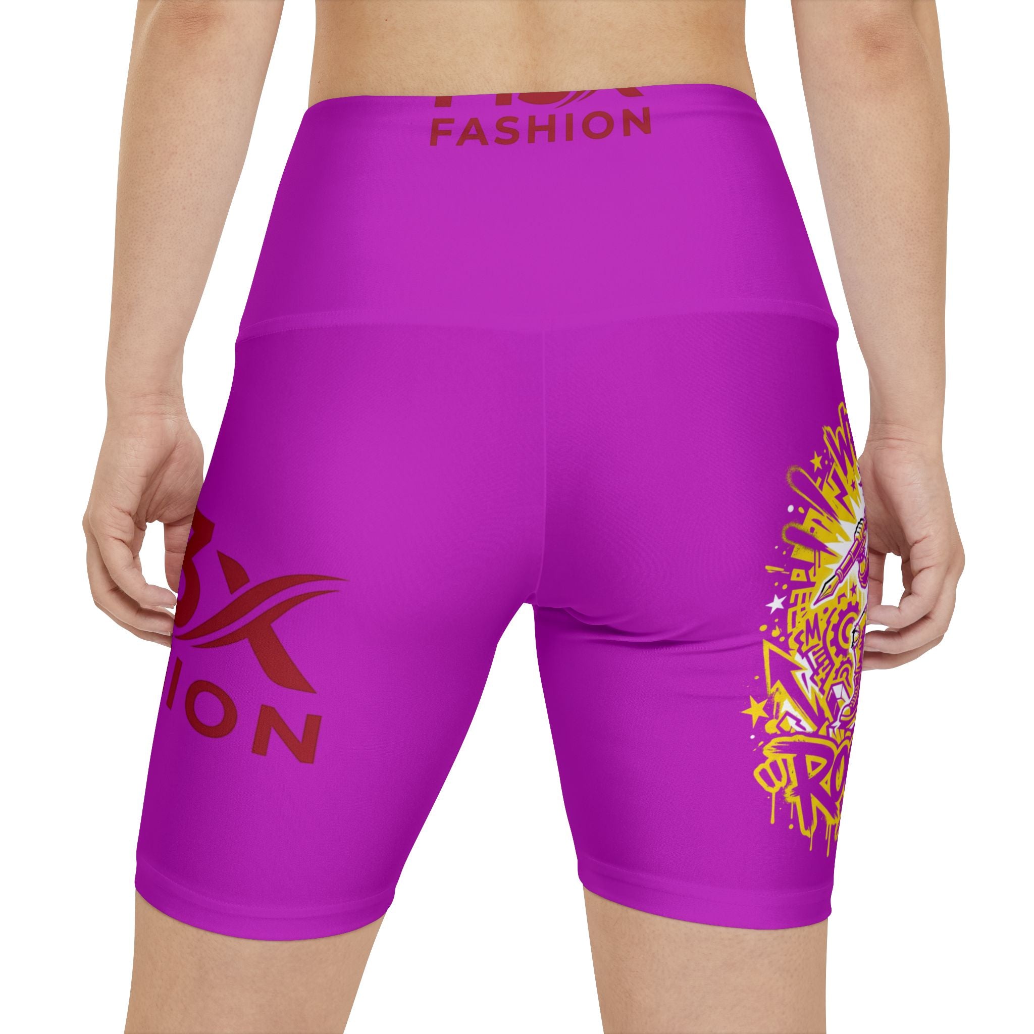 Rockstar Neon Bike Shorts — Women's High-Waist Fitness Shorts with 'Write Rock Star' Graphic