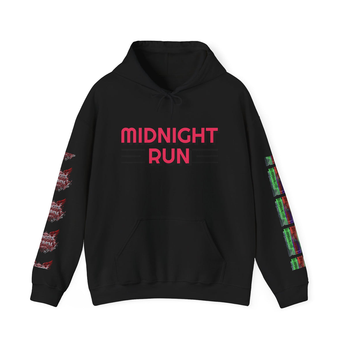 Midnight Run Hoodie — Graphic Streetwear Pullover with Sleeve Prints