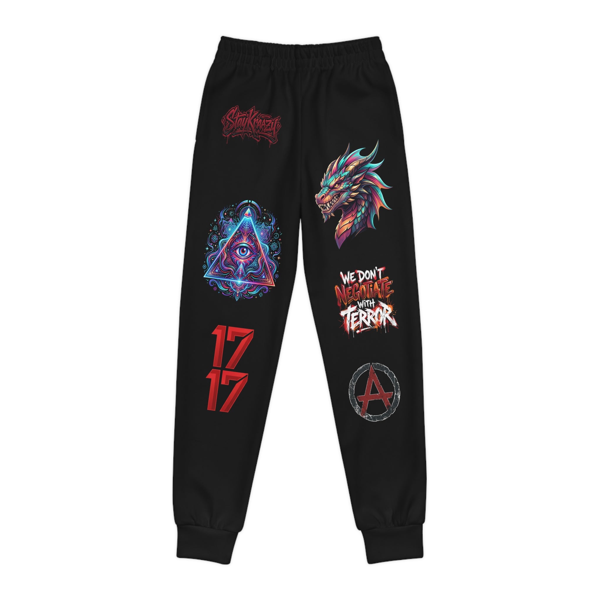 Youth Graphic Joggers — Neon Dragon, All-Over Print Streetwear with 'We Don't Negotiate With Terror' Design