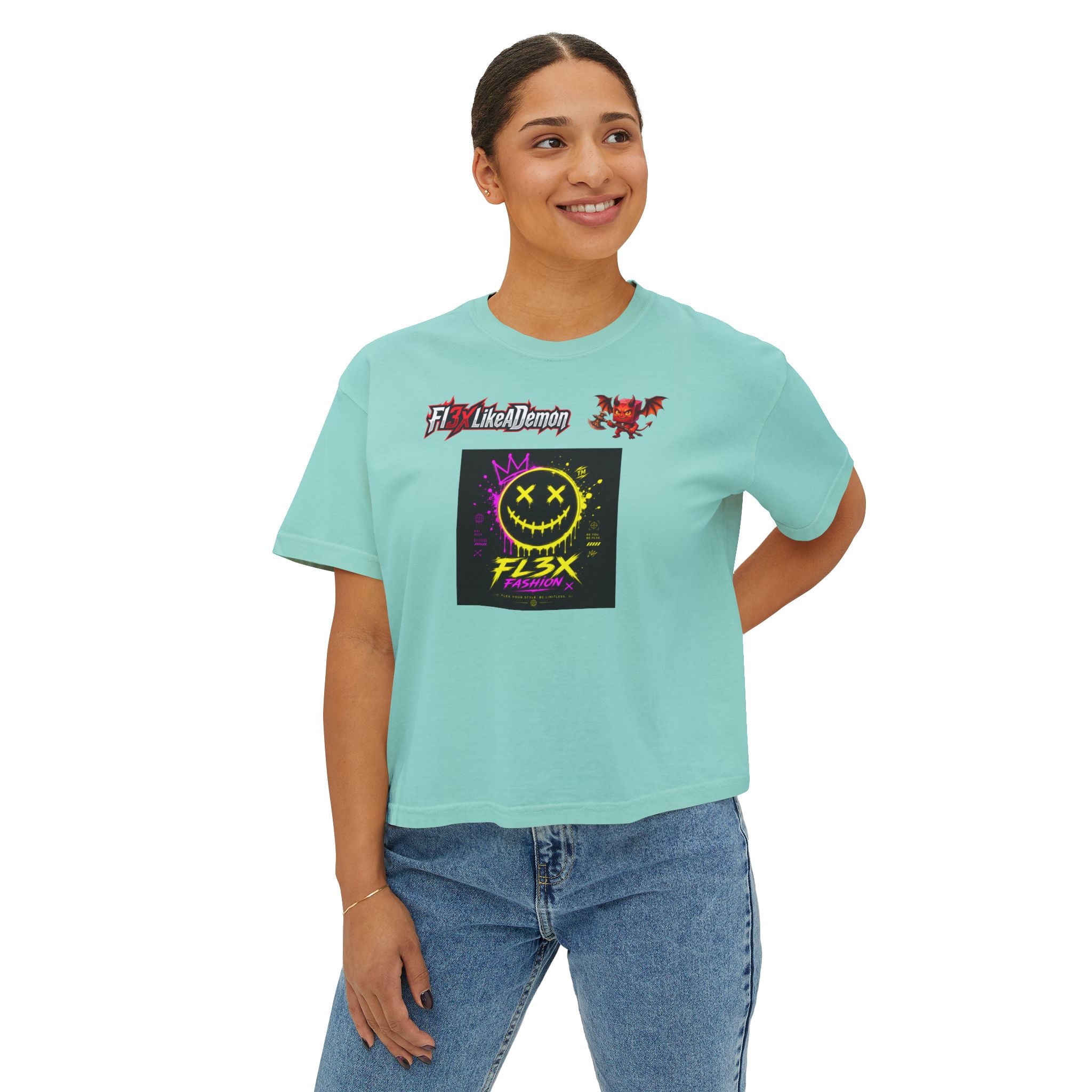 Women's Boxy Tee - Neon Smiley "FL3X" Graphic Streetwear