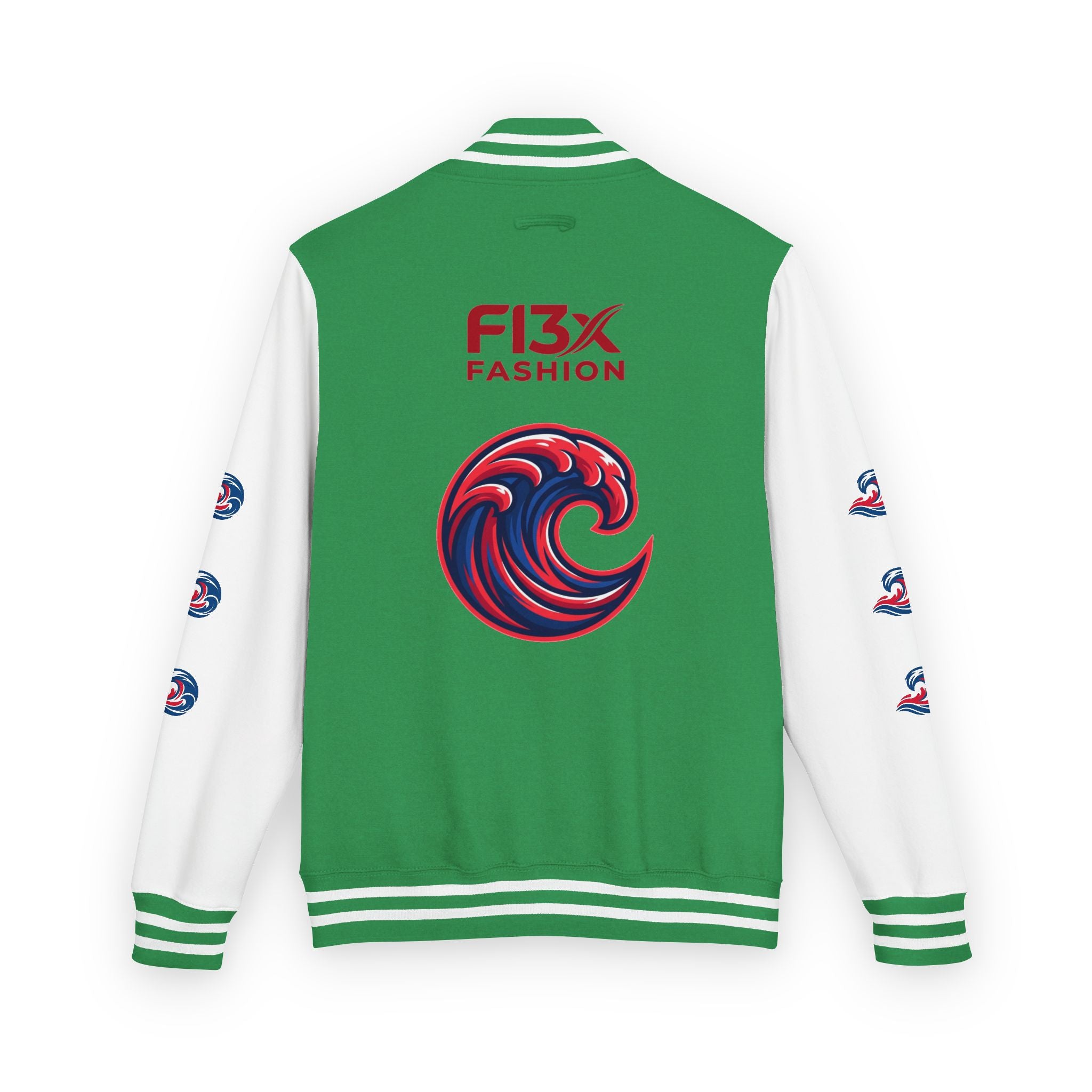 Letterman Jacket — Red Wave Graphic Varsity Jacket with 'F13X Fashion' Logo