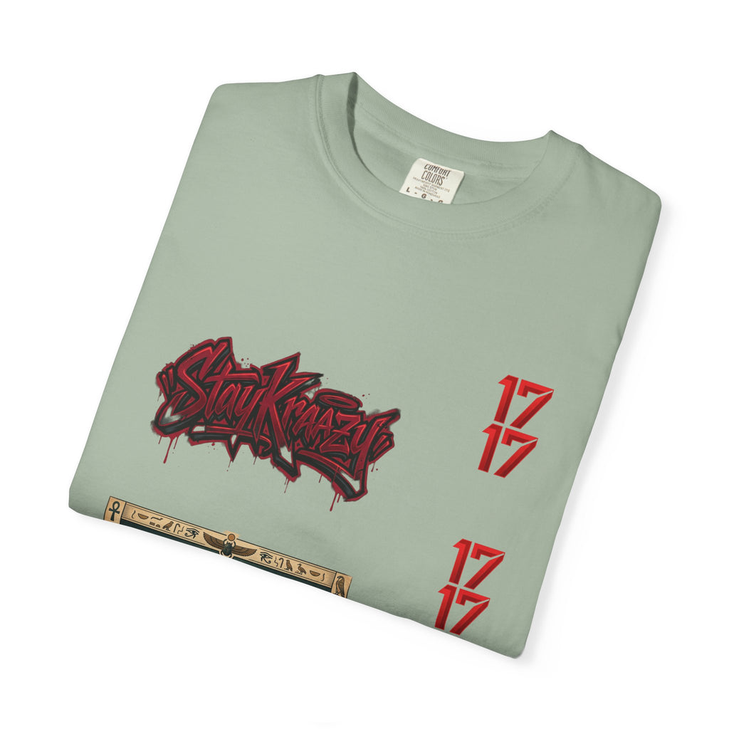 Graphic T-Shirt — Vintage Pyramid Collage with 'Wanted' Drip Design
