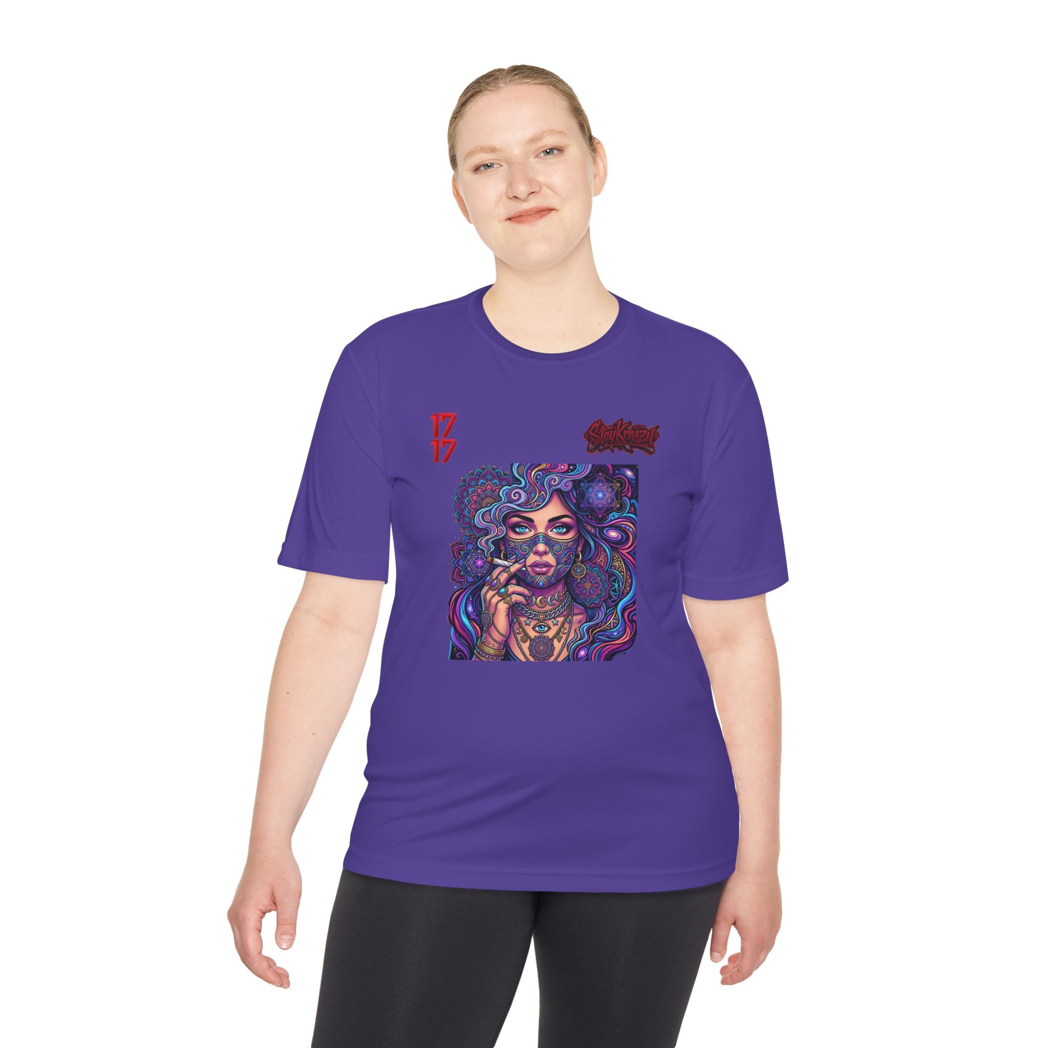 Psychedelic Woman Graphic Tee — Retro Cosmic Portrait Moisture‑Wicking Shirt
