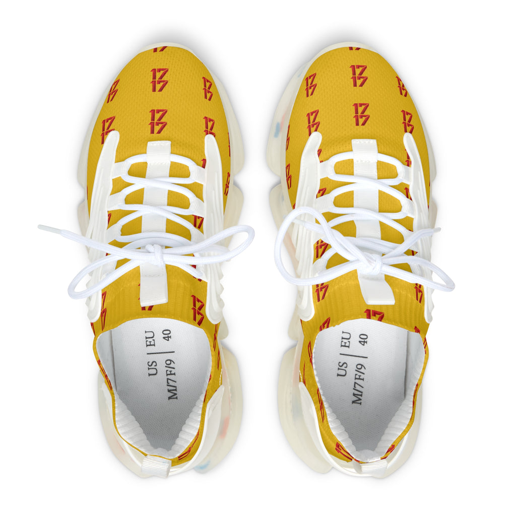 Yellow Mesh Sneakers — Breathable Women's Athletic Shoes with Red Logo Pattern