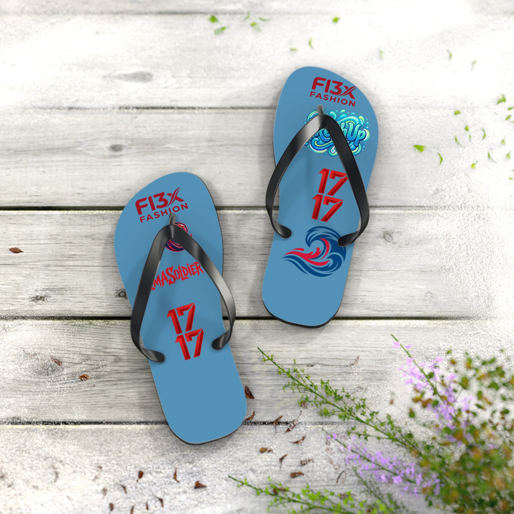 Blue Graphic Flip Flops – Surf Wave Design with '17 17' and Bold Logos