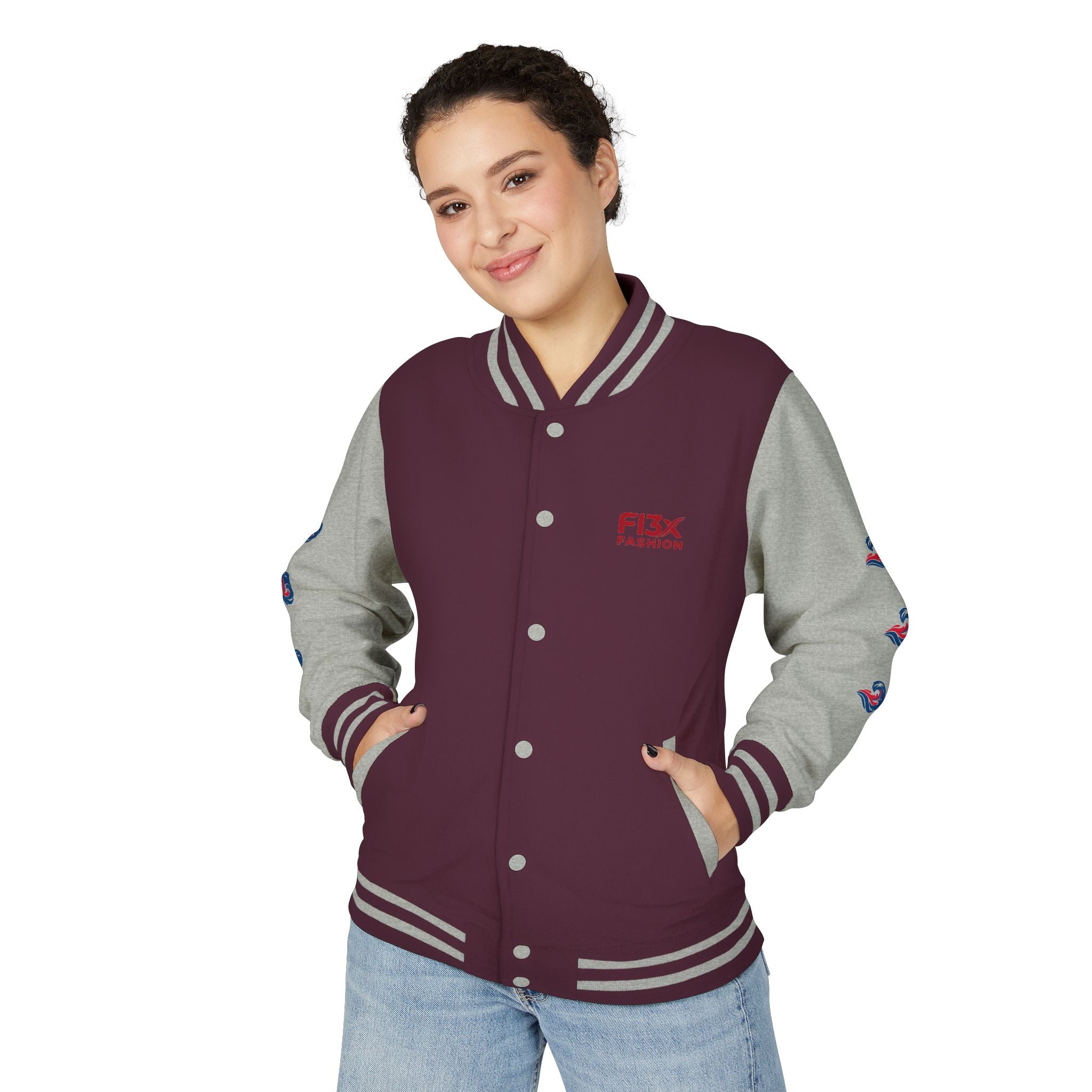 Letterman Jacket — Red Wave Graphic Varsity Jacket with 'F13X Fashion' Logo