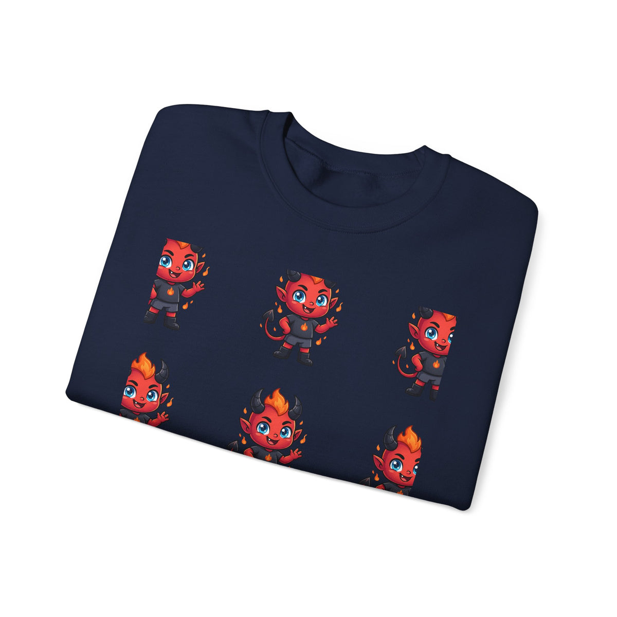 Cute Devil Character Grid Sweatshirt — Cartoon Demon Pattern Crewneck
