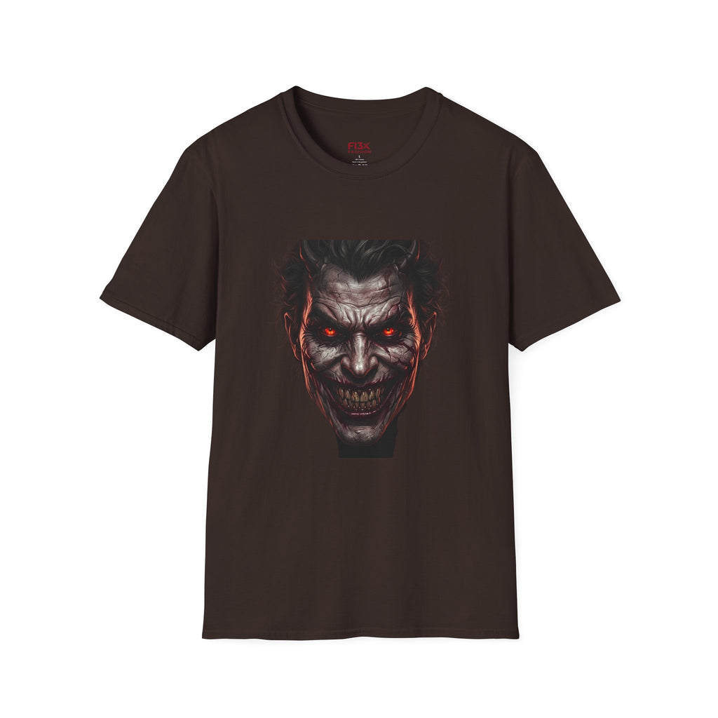 Horror Joker Face T-Shirt — Red-Eyed Villain Graphic Tee