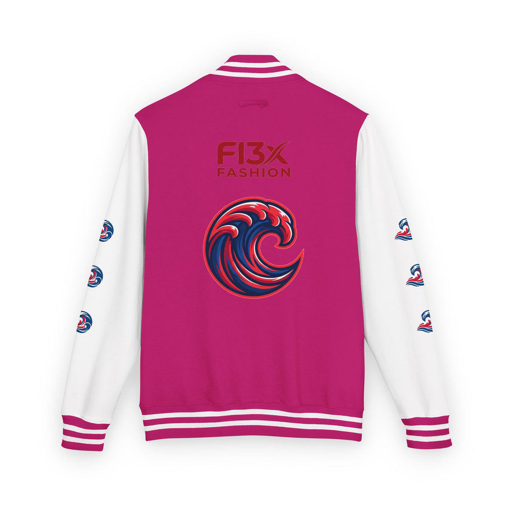 Letterman Jacket — Red Wave Graphic Varsity Jacket with 'F13X Fashion' Logo