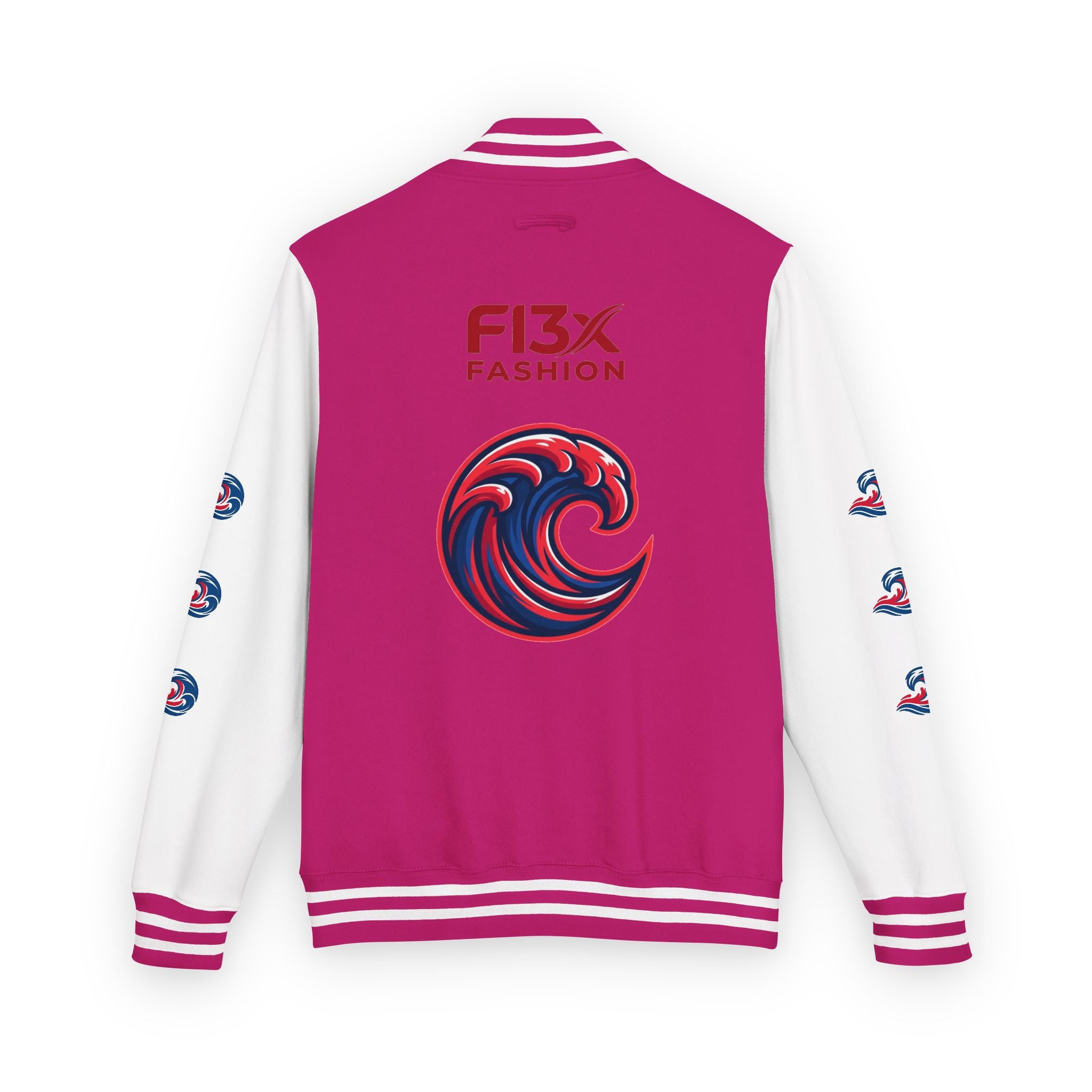 Letterman Jacket — Red Wave Graphic Varsity Jacket with 'F13X Fashion' Logo