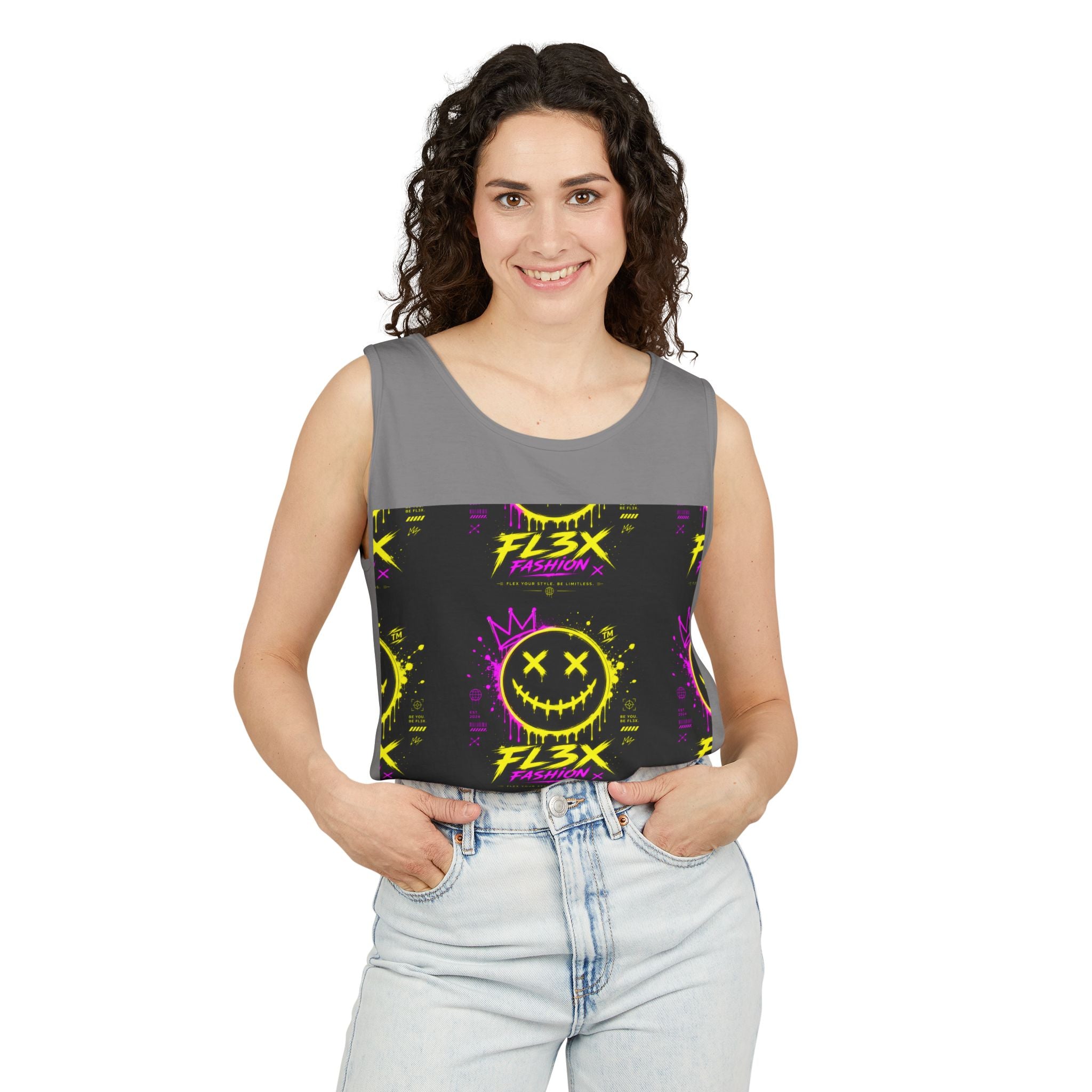 FL3X Fashion Graphic Tank Top — Neon Smiley & Devil Logo Streetwear