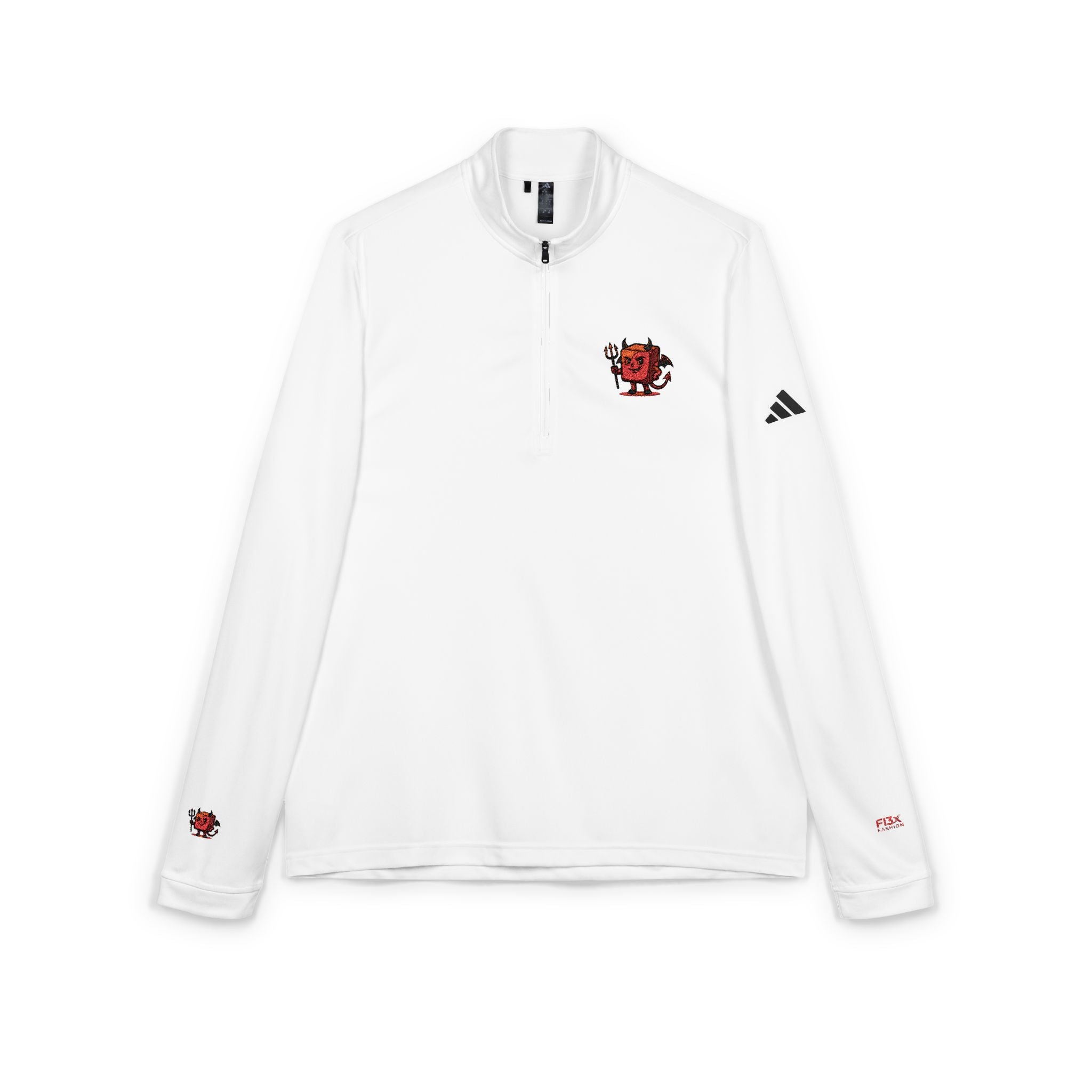 Embroidered Quarter-Zip Pullover — White adidas® Athletic Pullover with Red Floral Heart Patch