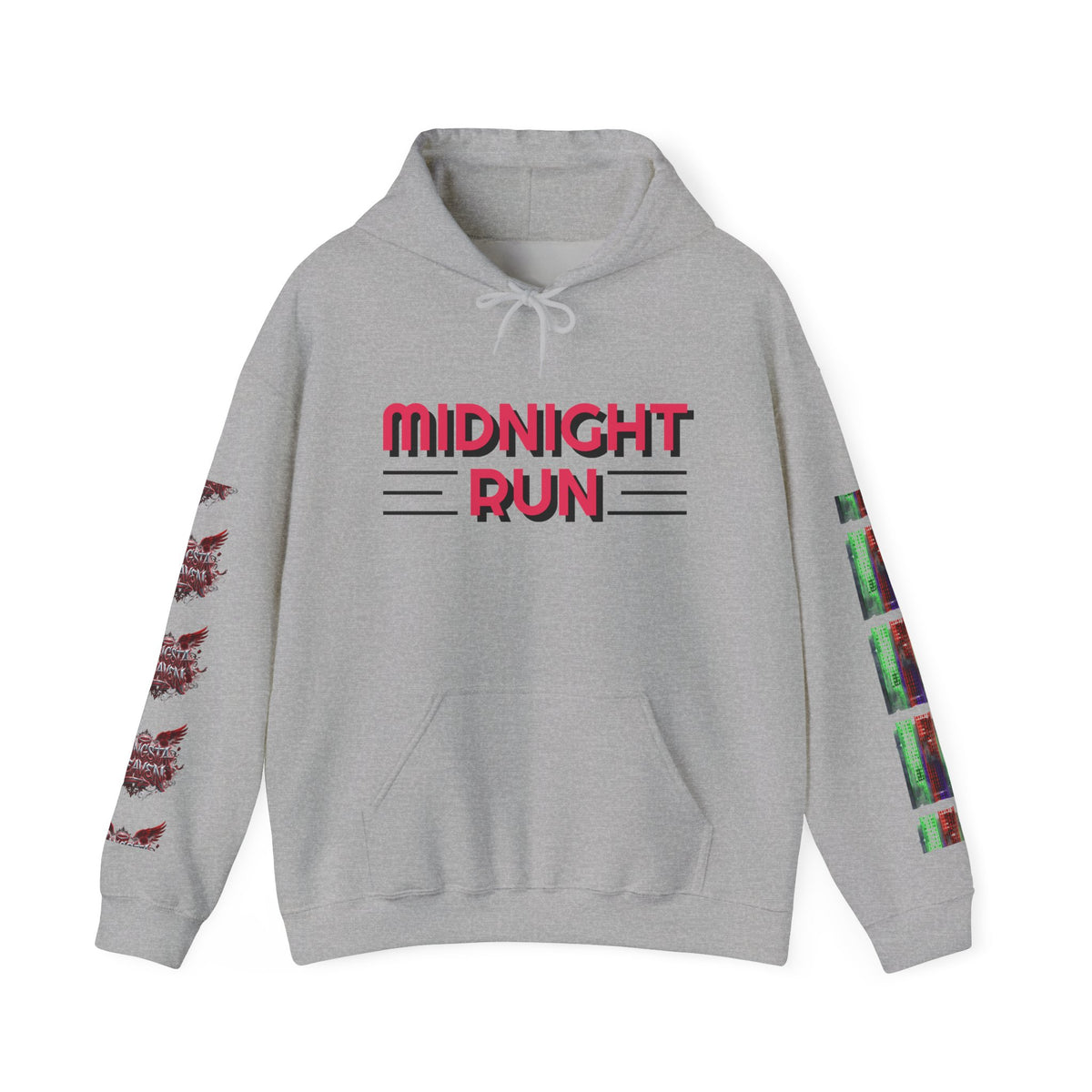 Midnight Run Hoodie — Graphic Streetwear Pullover with Sleeve Prints