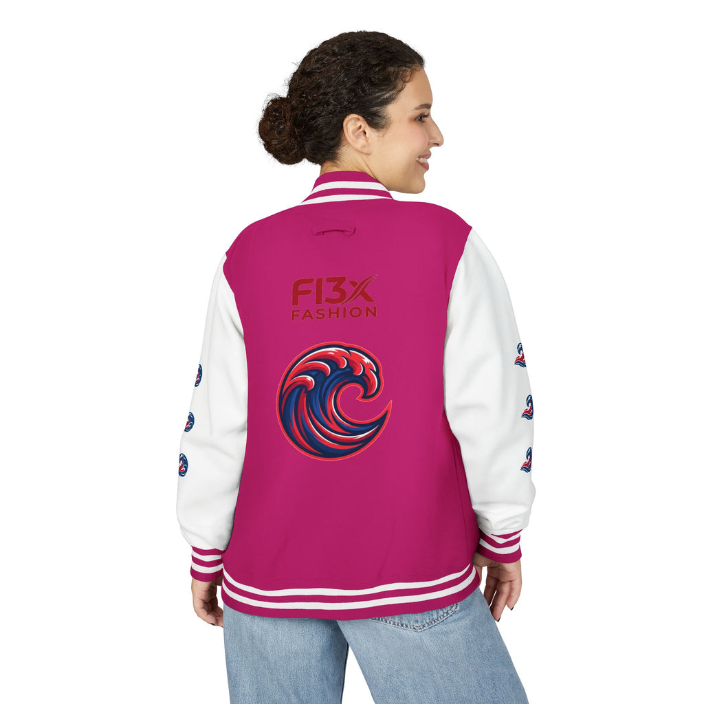 Letterman Jacket — Red Wave Graphic Varsity Jacket with 'F13X Fashion' Logo