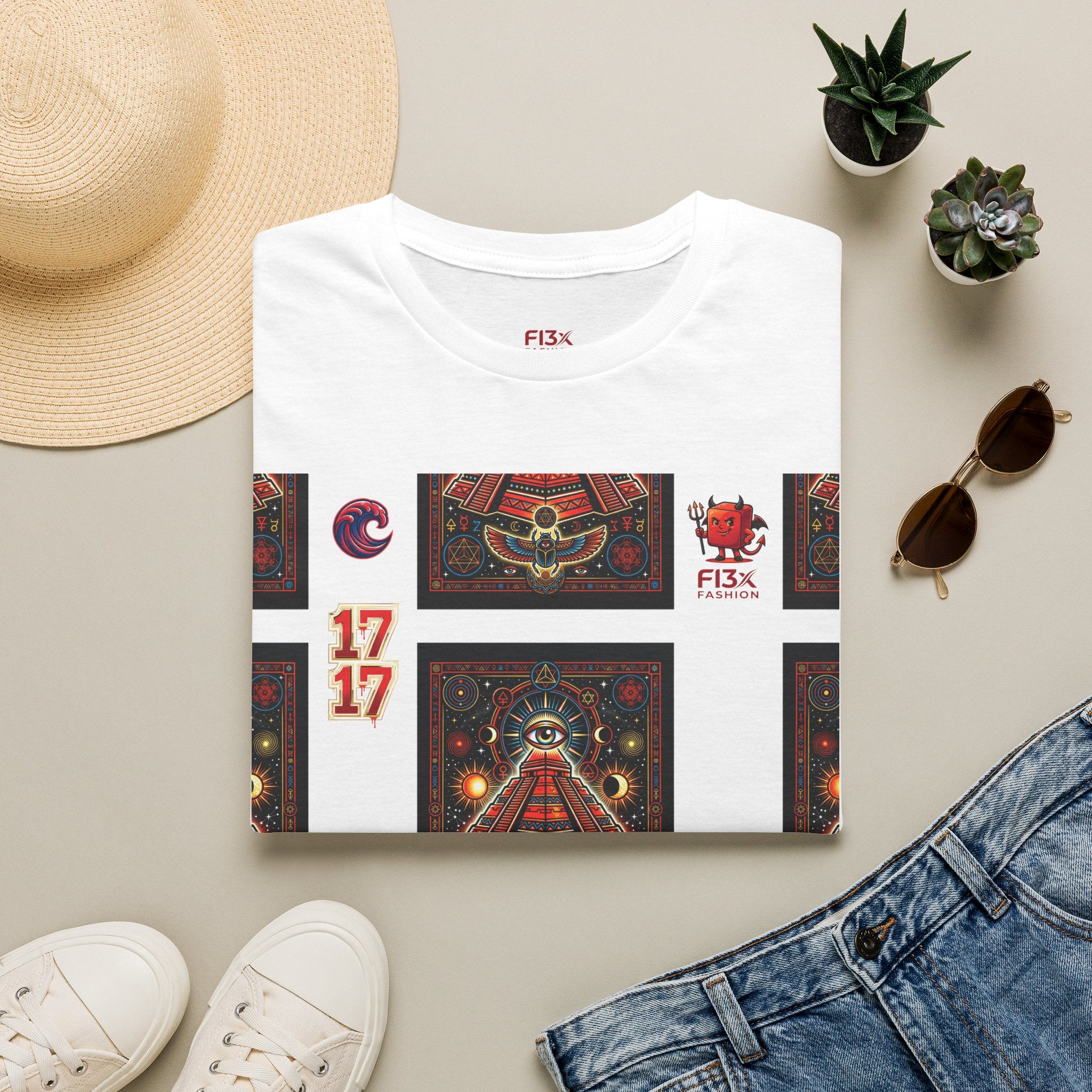 T-Shirt — Retro Cosmic Tarot Graphic with '17' Mystic Symbols