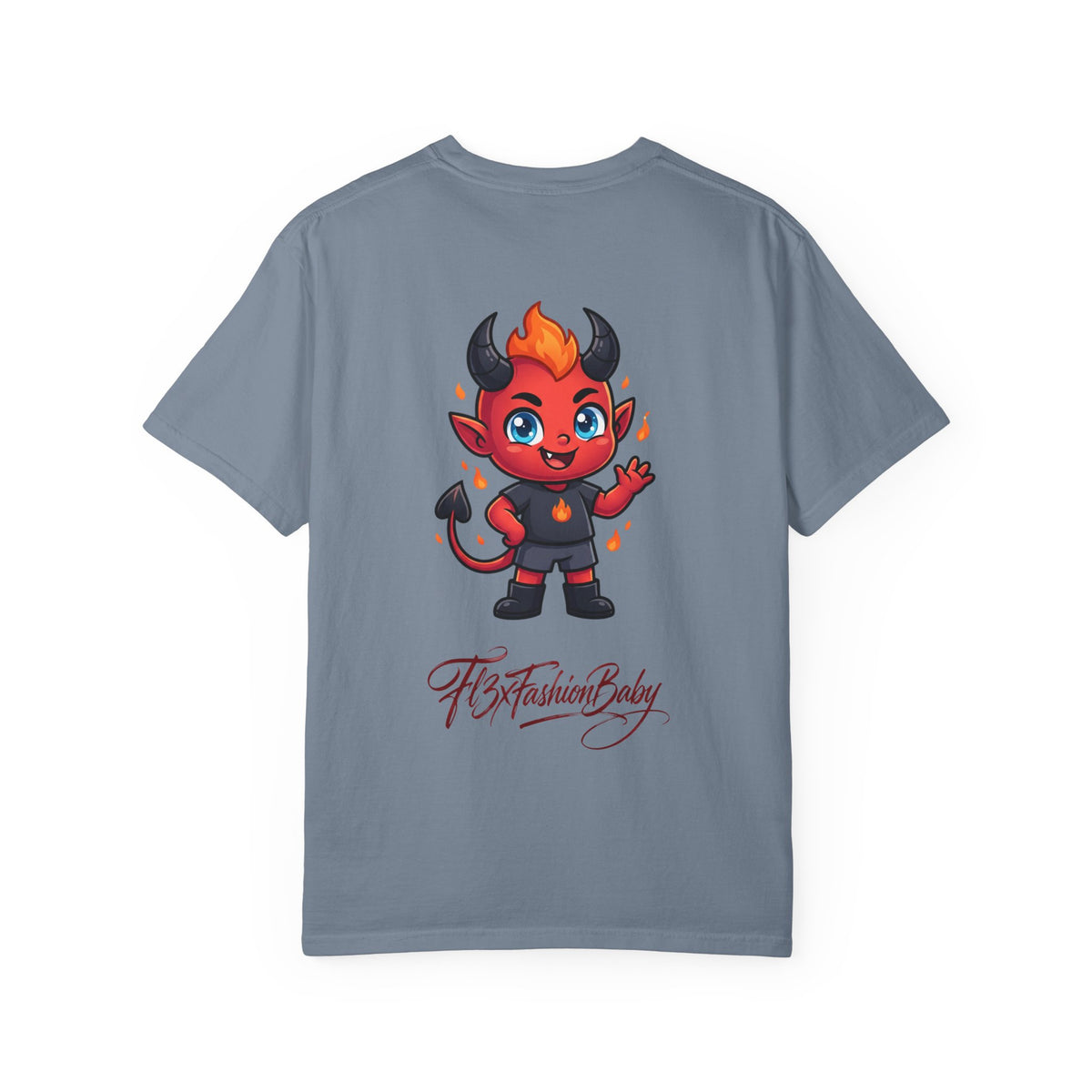 Devil Baby Graphic T-Shirt — Cute Red Demon Cartoon Tee with "FBfashionBaby" Script