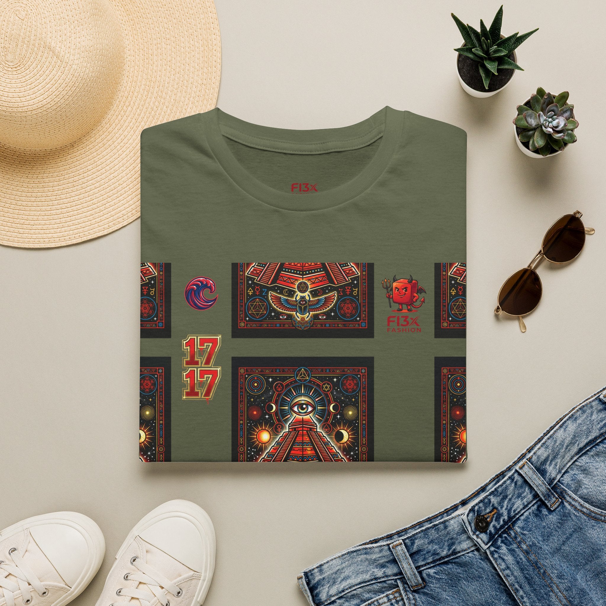 T-Shirt — Retro Cosmic Tarot Graphic with '17' Mystic Symbols