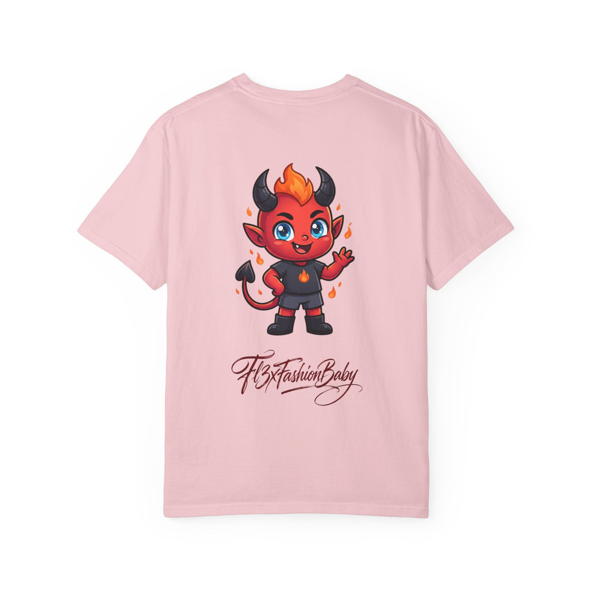 Devil Baby Graphic T-Shirt — Cute Red Demon Cartoon Tee with "FBfashionBaby" Script
