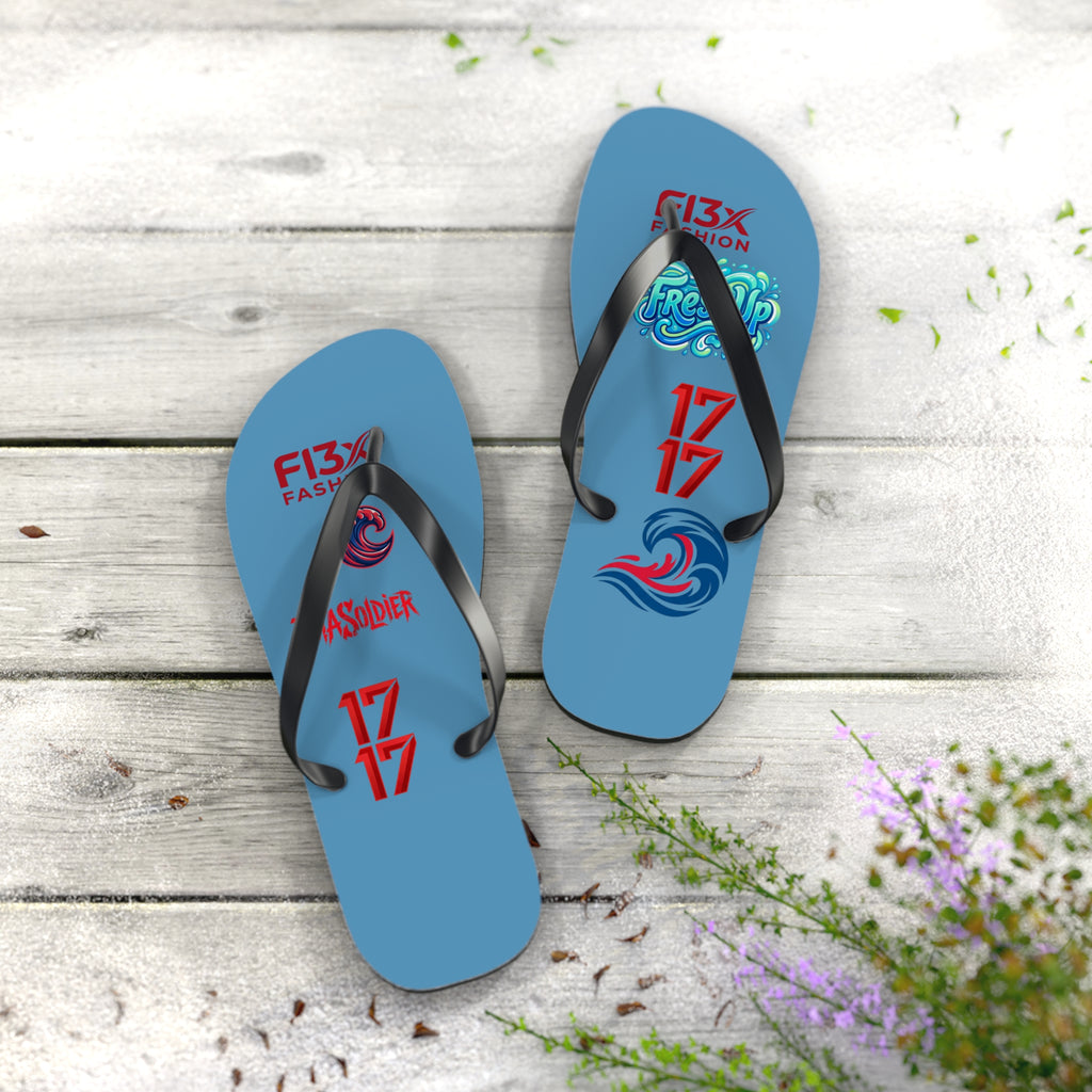 Blue Graphic Flip Flops – Surf Wave Design with '17 17' and Bold Logos