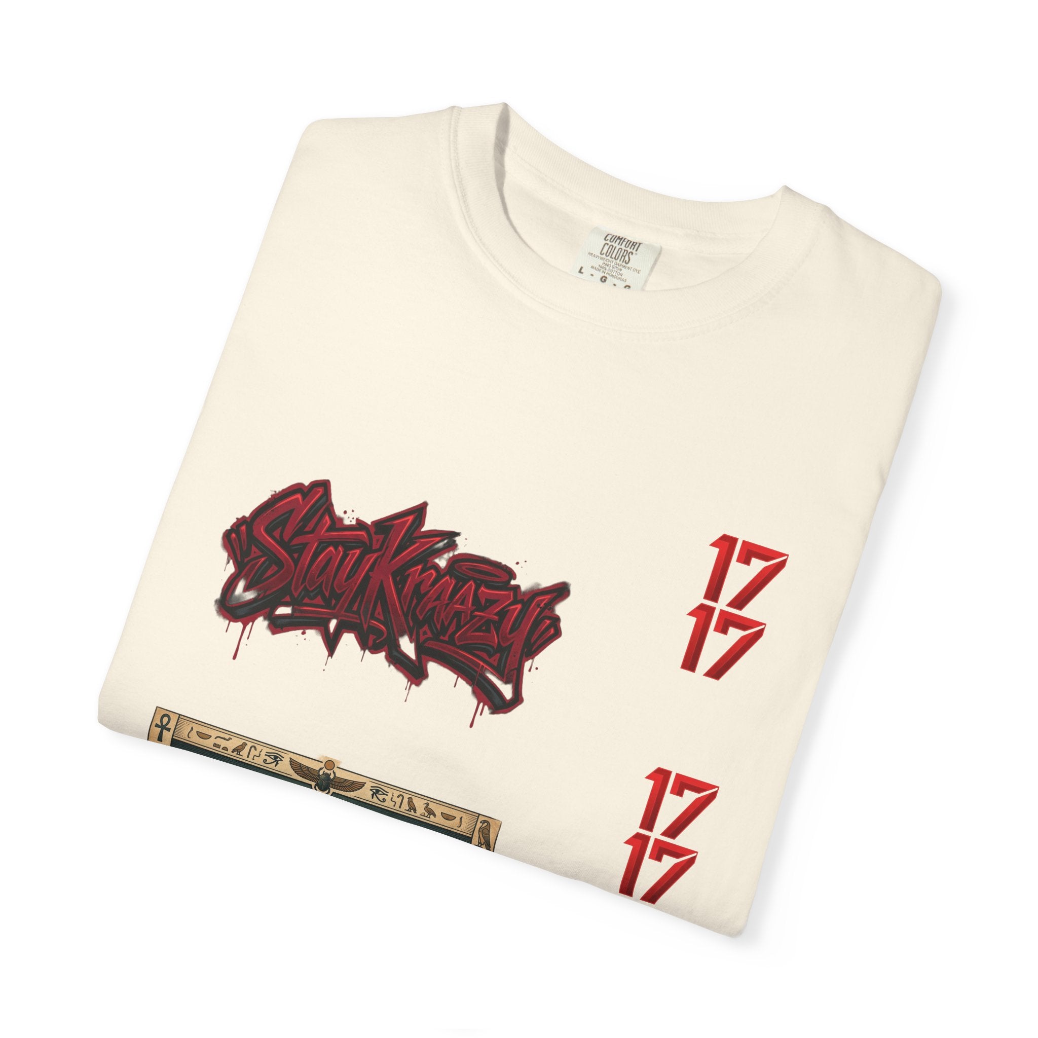 Graphic T-Shirt — Vintage Pyramid Collage with 'Wanted' Drip Design